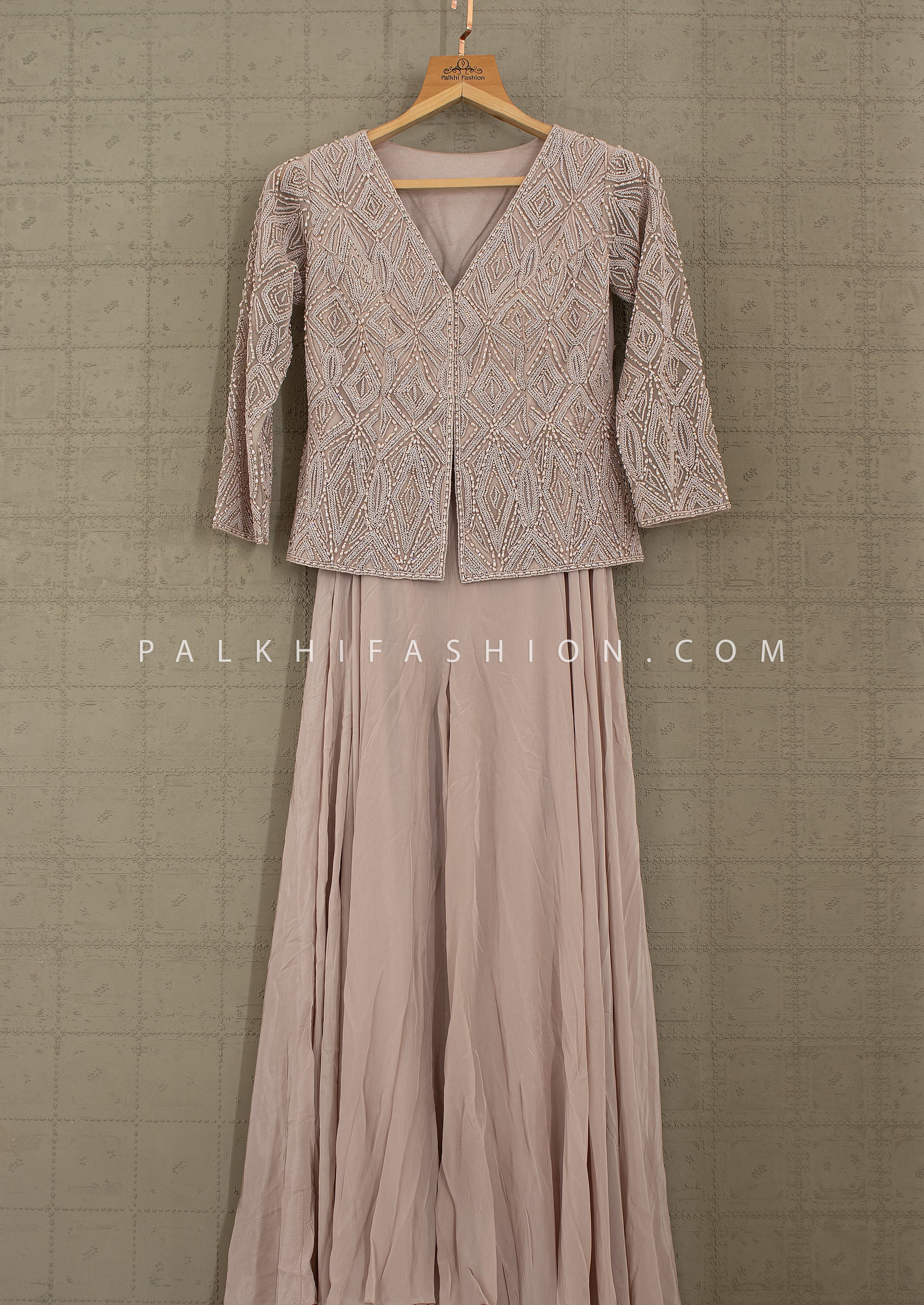 Blush Mirage: Hand - Embroidered Jacket Palazzo Set – Palkhi Fashion