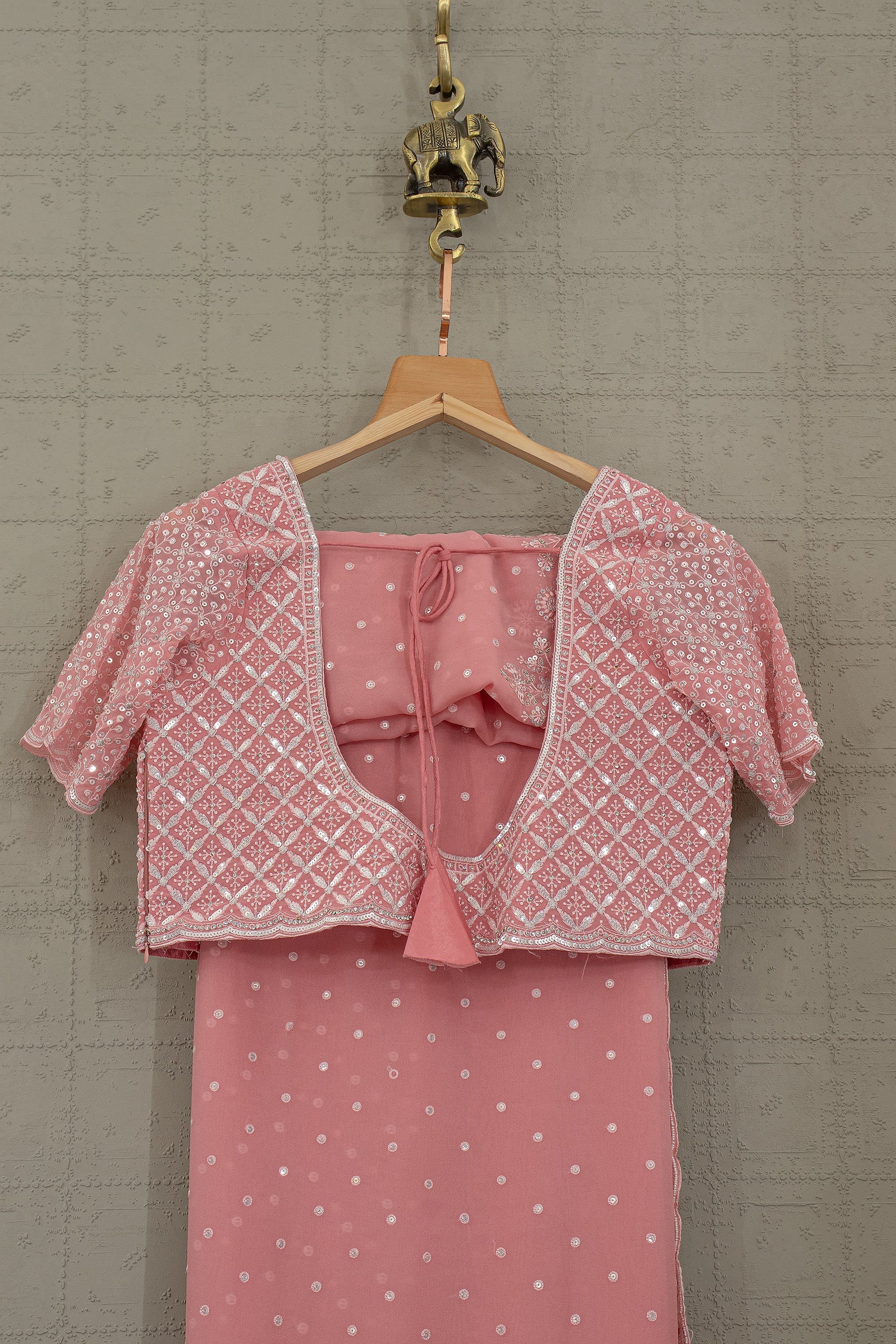 Blush Pearl Elegance: Embroidered Georgette Saree with Readymade Blouse – Palkhi Fashion