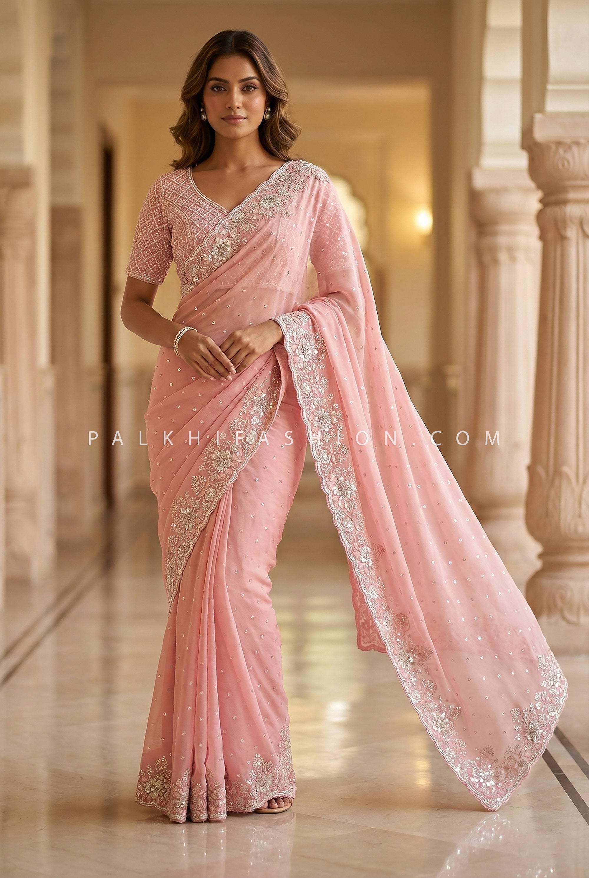 Blush Pearl Elegance: Embroidered Georgette Saree with Readymade Blouse – Palkhi Fashion
