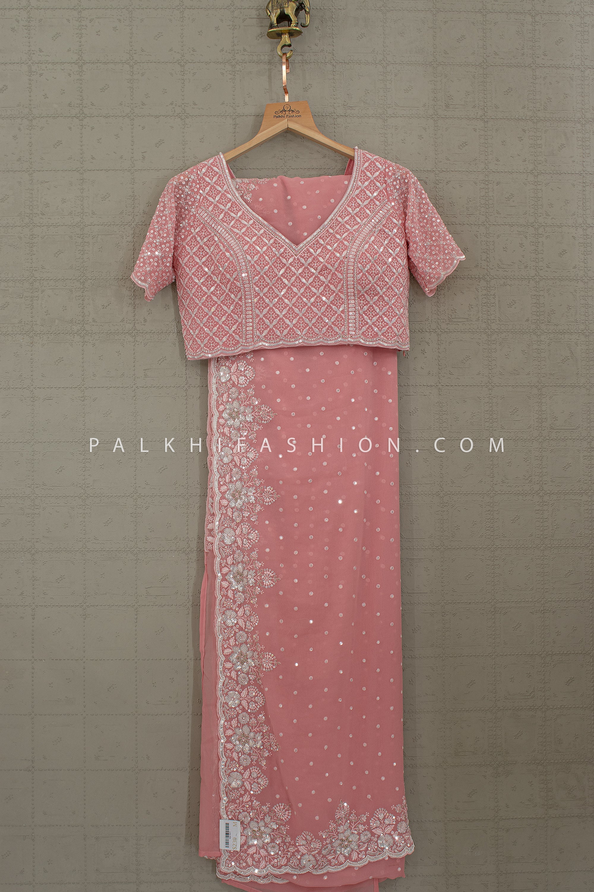 Blush Pearl Elegance: Embroidered Georgette Saree with Readymade Blouse – Palkhi Fashion