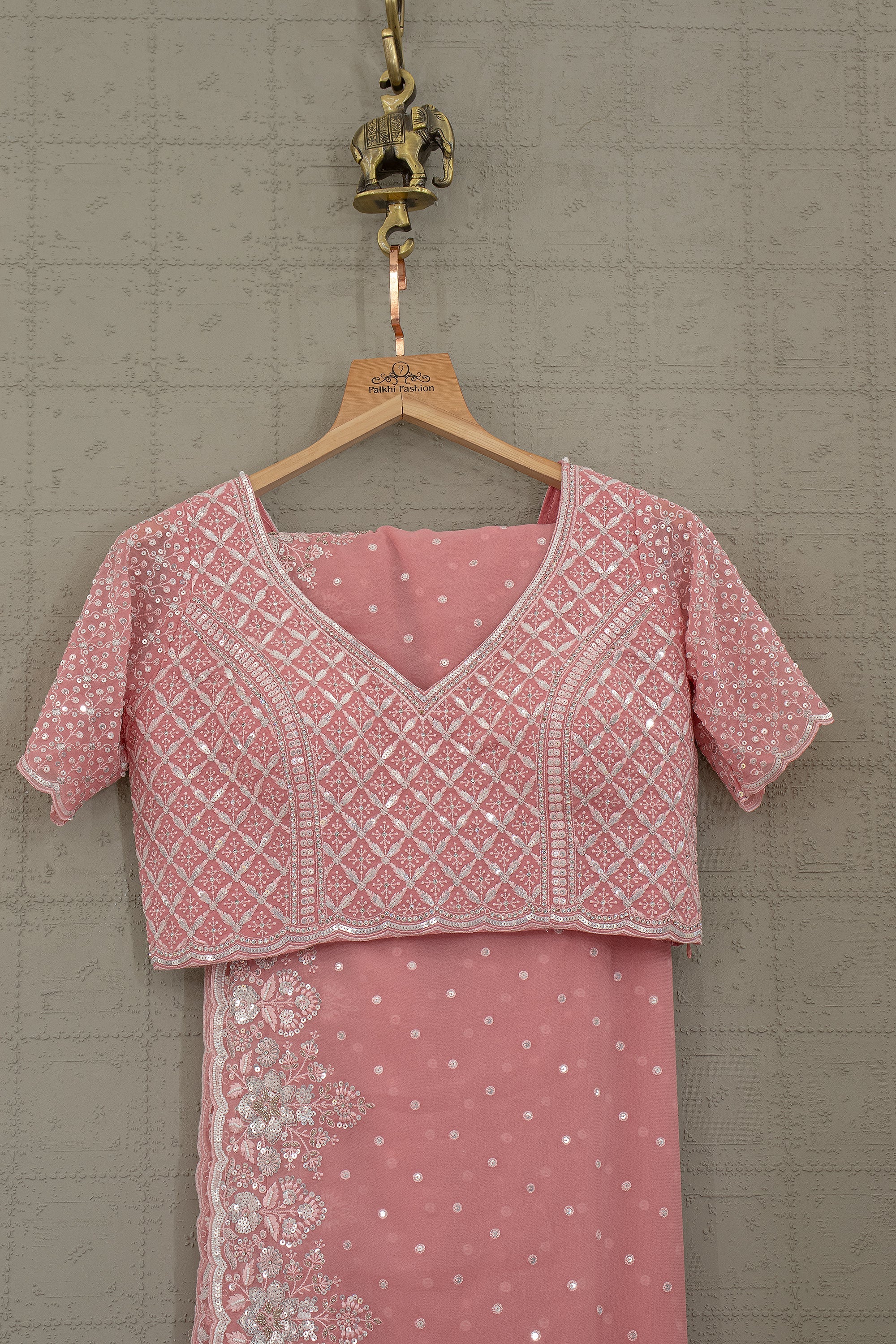 Blush Pearl Elegance: Embroidered Georgette Saree with Readymade Blouse – Palkhi Fashion