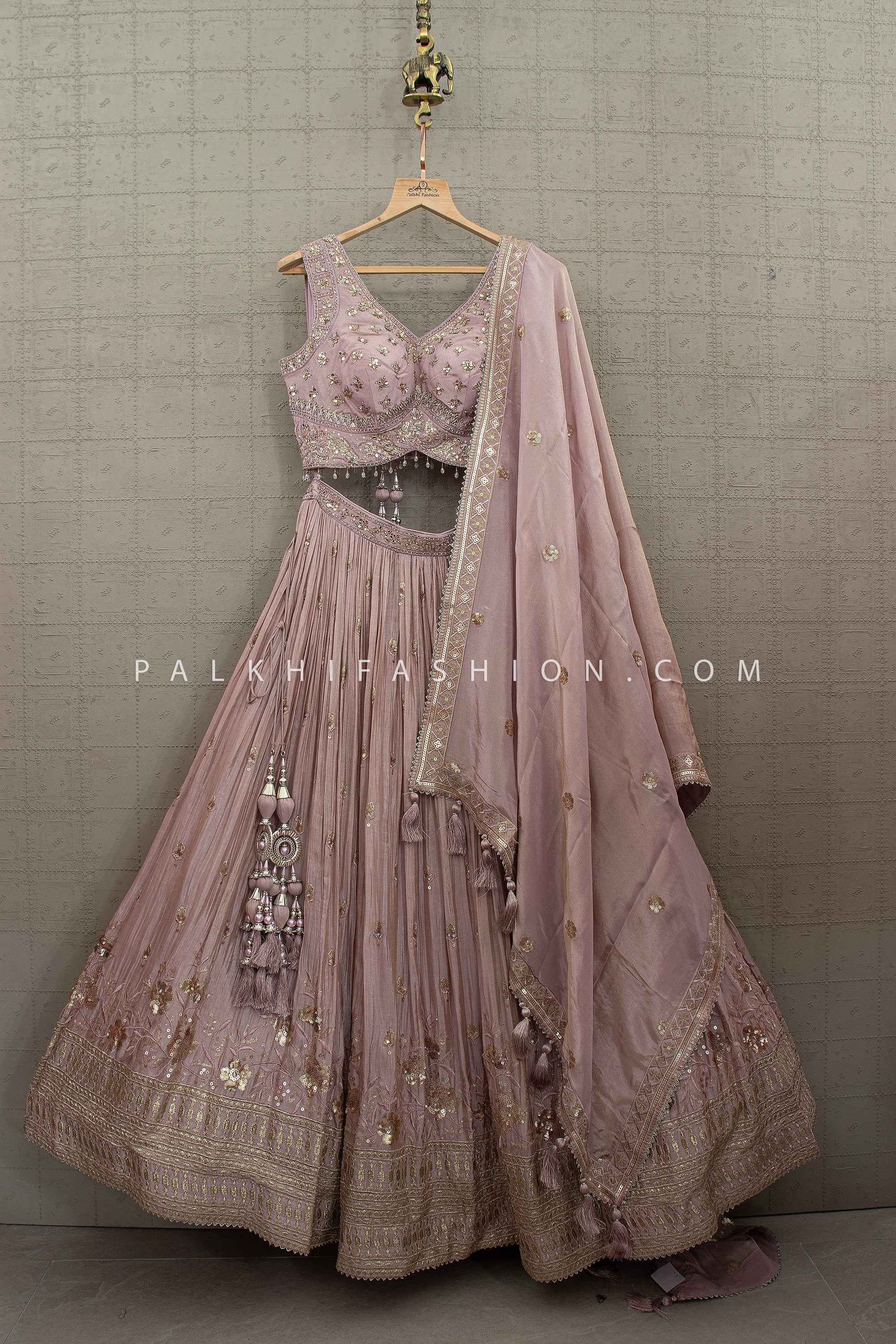 Blush Regal Grace – Dusty Mauve Designer Lehenga Choli With Mirror Work Blouse – Palkhi Fashion