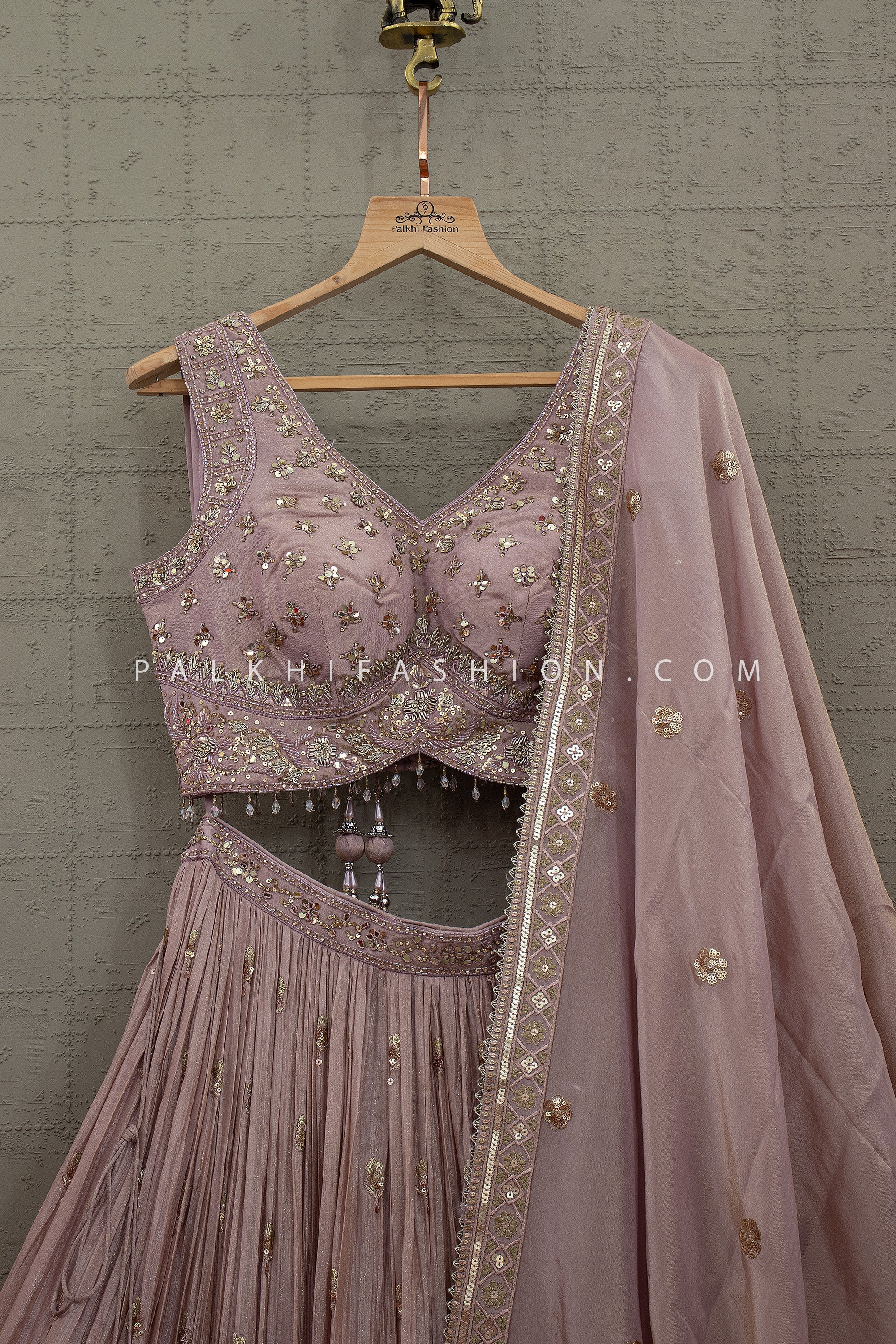 Blush Regal Grace – Dusty Mauve Designer Lehenga Choli With Mirror Work Blouse – Palkhi Fashion