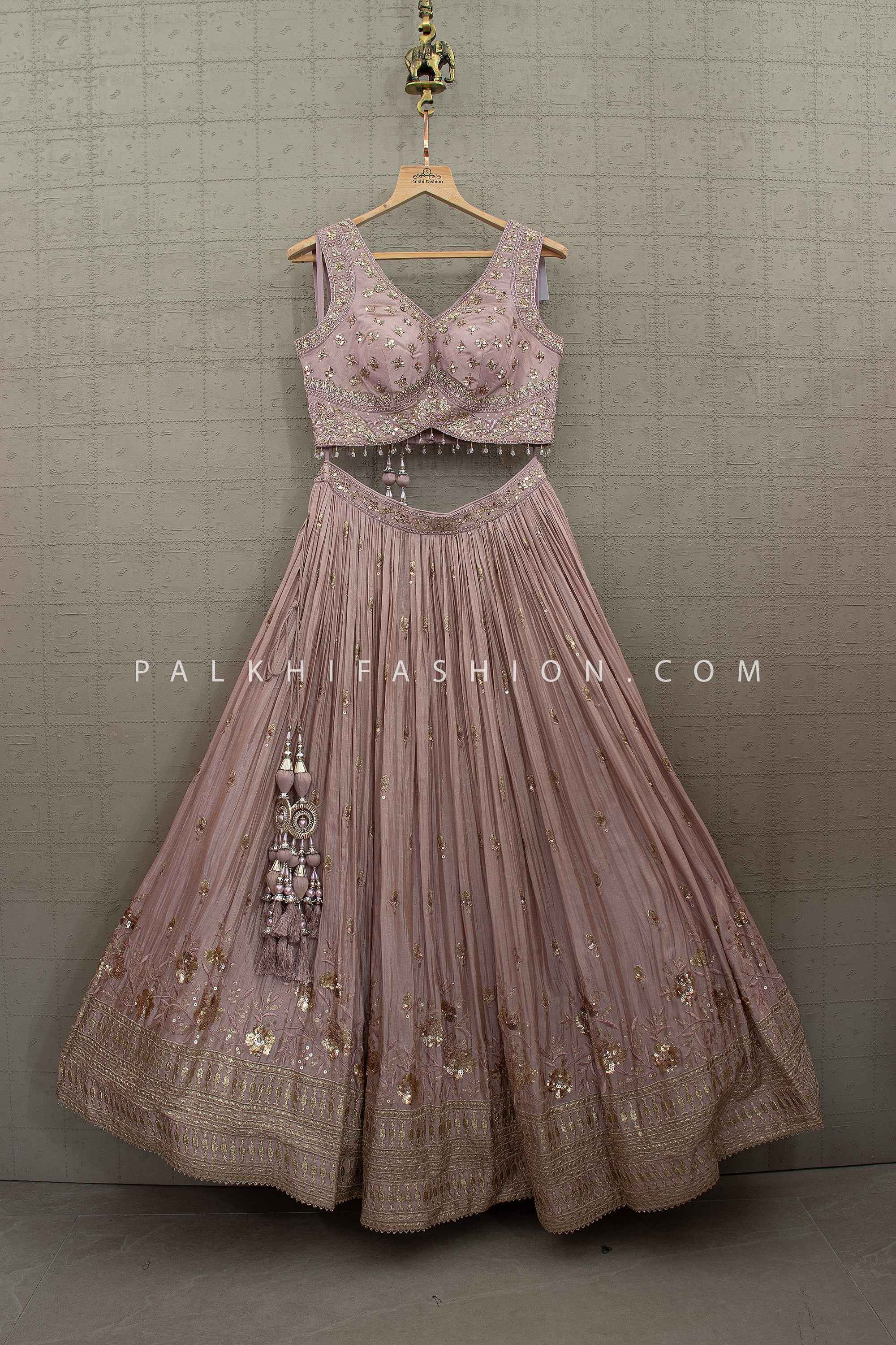 Blush Regal Grace – Dusty Mauve Designer Lehenga Choli With Mirror Work Blouse – Palkhi Fashion