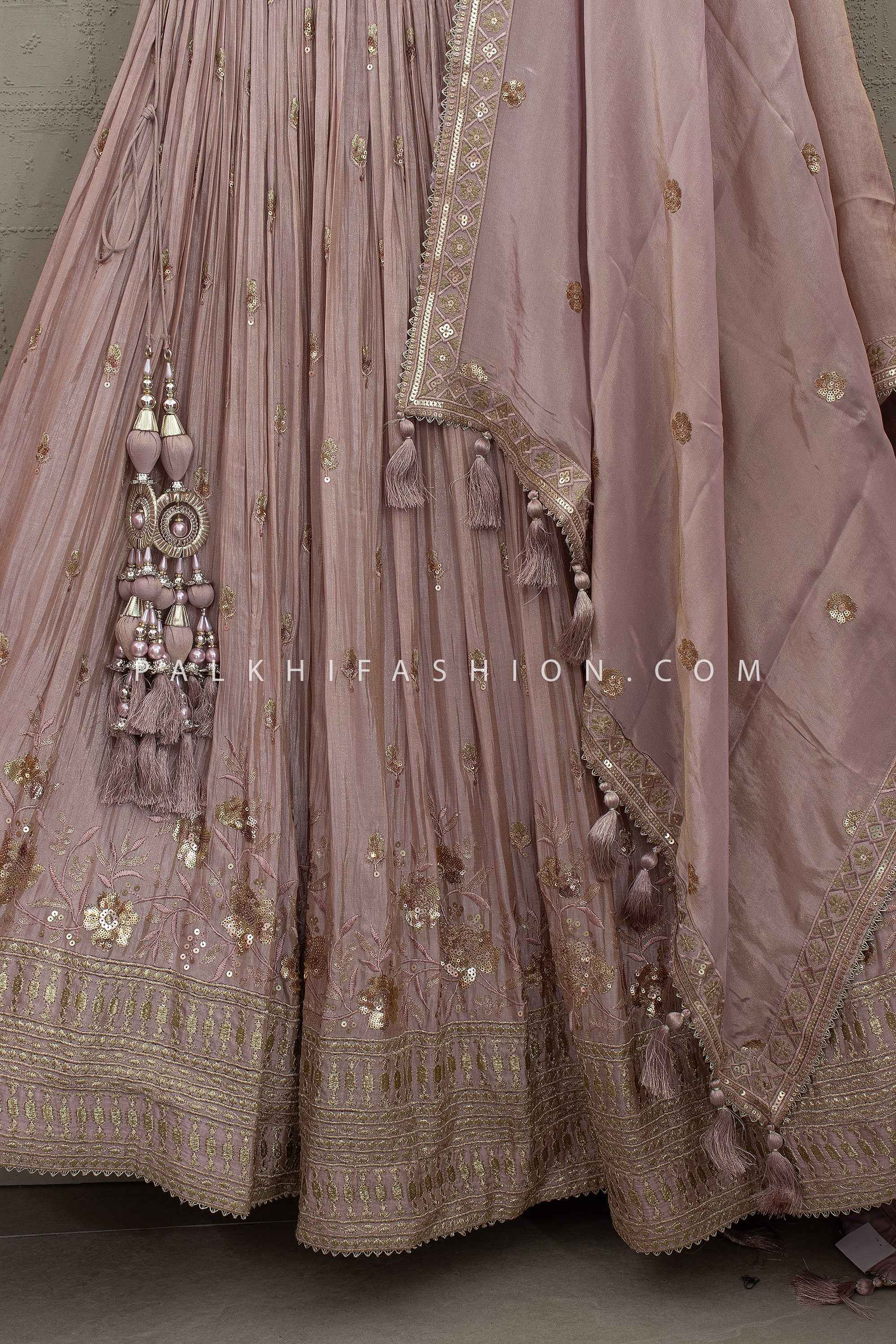 Blush Regal Grace – Dusty Mauve Designer Lehenga Choli With Mirror Work Blouse – Palkhi Fashion