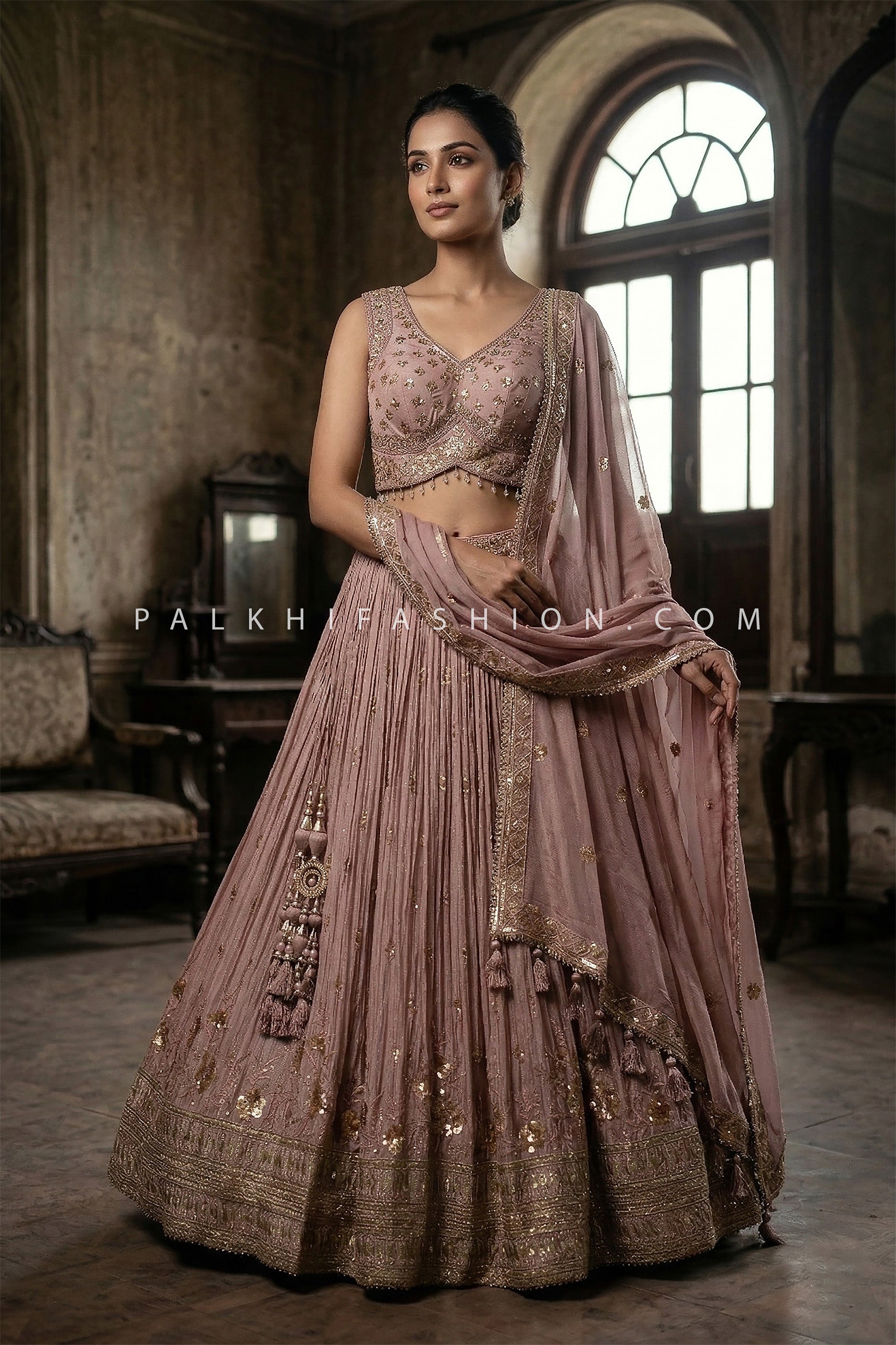 Blush Regal Grace – Dusty Mauve Designer Lehenga Choli With Mirror Work Blouse – Palkhi Fashion