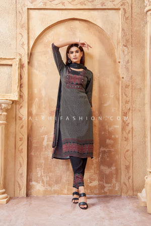 Bold Grace: Black Muslin Silk Straight Suit with Prints & Beadwork – Palkhi Fashion