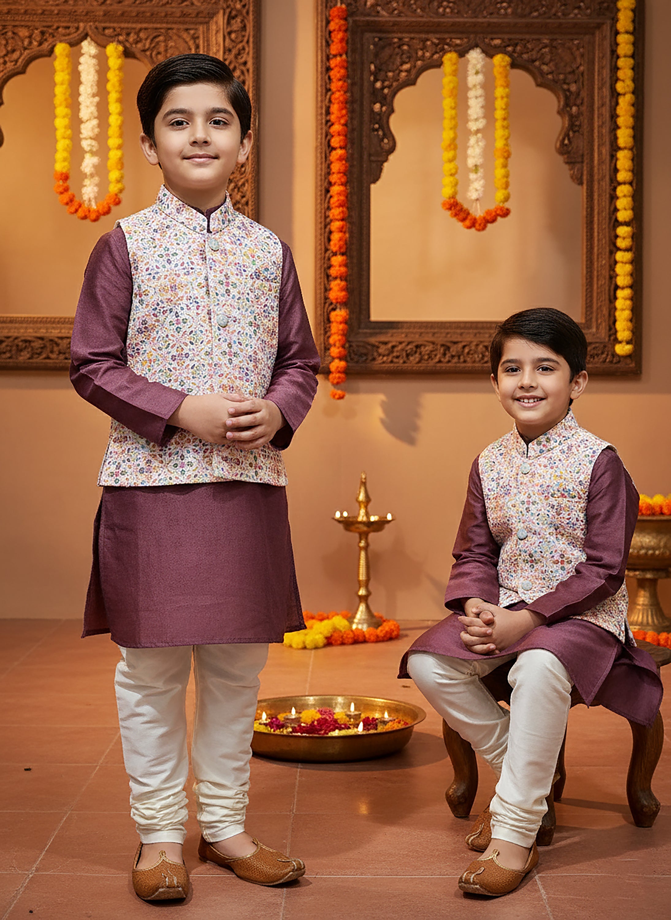 Boys Light Wine Jacket Kurta Set with Multi - Color Embroidery – Palkhi Fashion