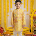Boys Yellow Printed Silk Kurta Pajama Set for Haldi & Weddings | Palkhi Fashion Houston USA
