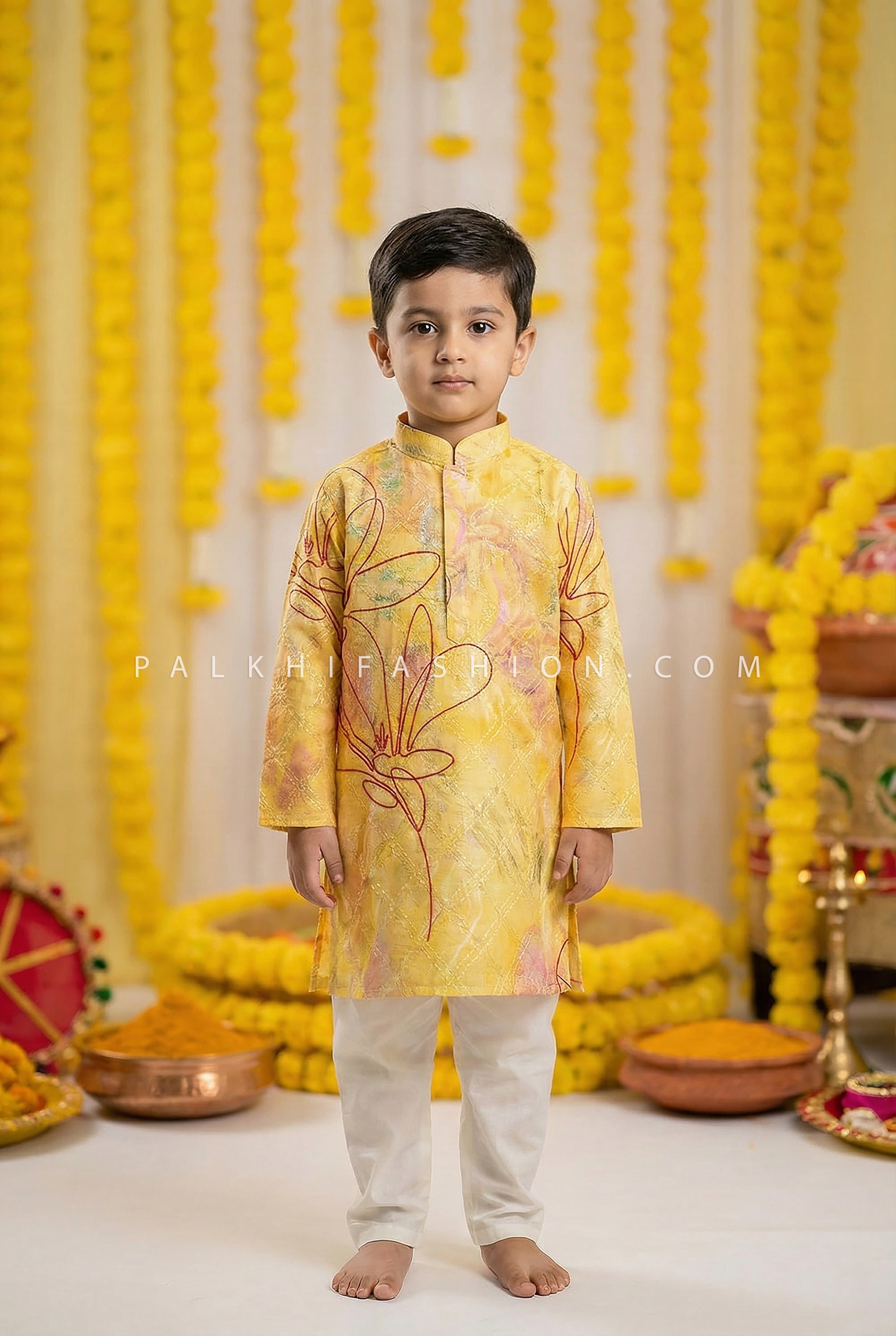 Boys Yellow Printed Silk Kurta Pajama Set for Haldi & Weddings | Palkhi Fashion Houston USA