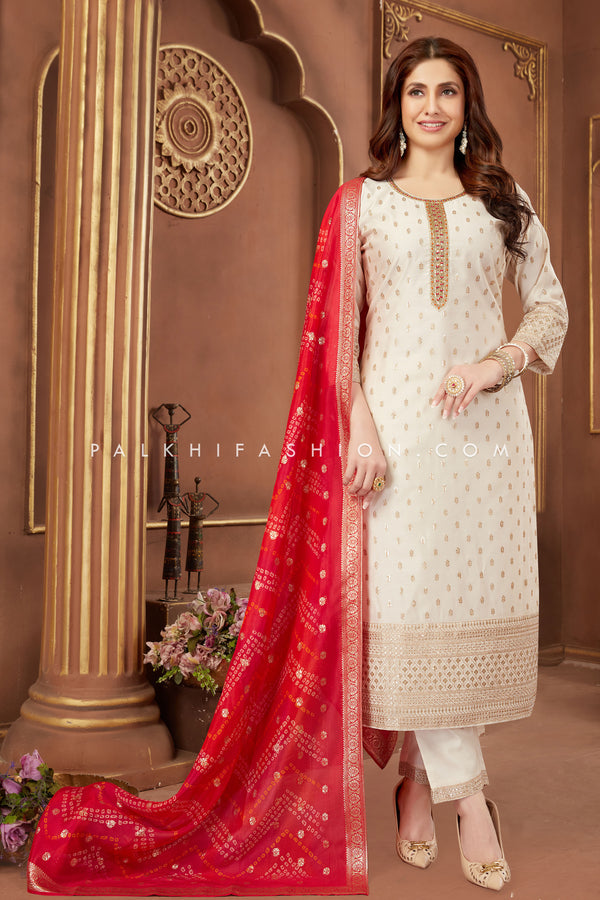 Luxurious Cream Silk Straight Cut Suit With Attractive Dupatta