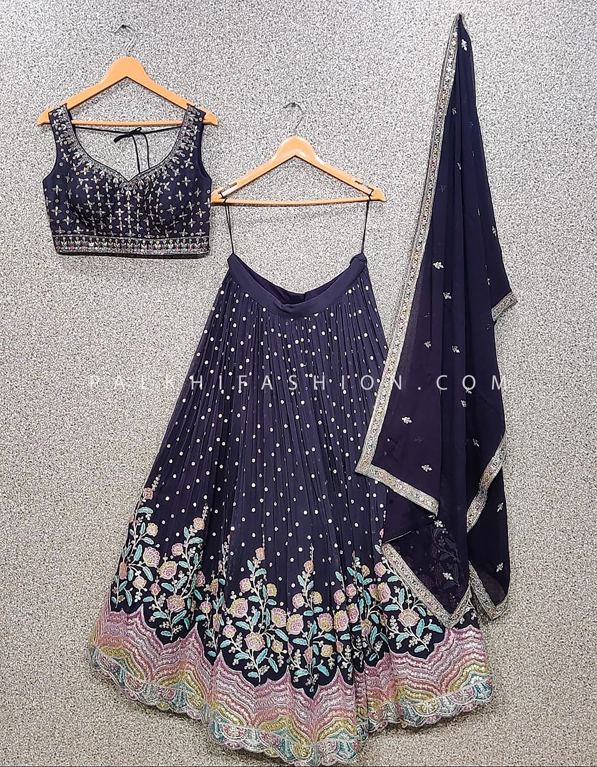Celestial Bloom: Designer Purplish Blue Embroidered Lehenga Choli Set – Palkhi Fashion Houston