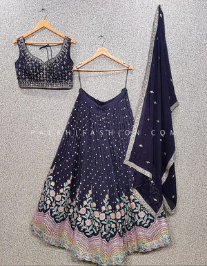 Celestial Bloom: Designer Purplish Blue Embroidered Lehenga Choli Set – Palkhi Fashion Houston