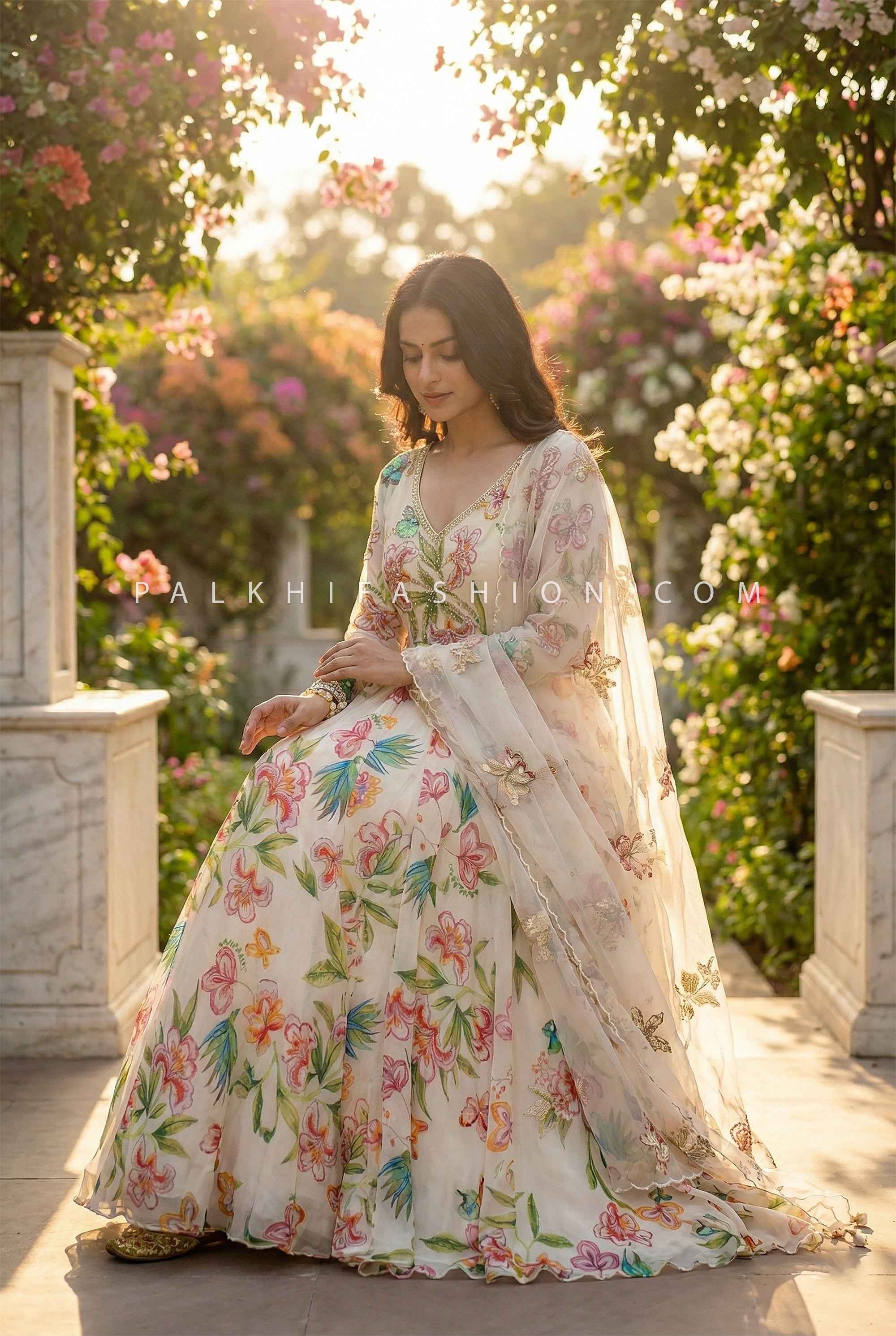 Ivory Floral Organza Anarkali Gown