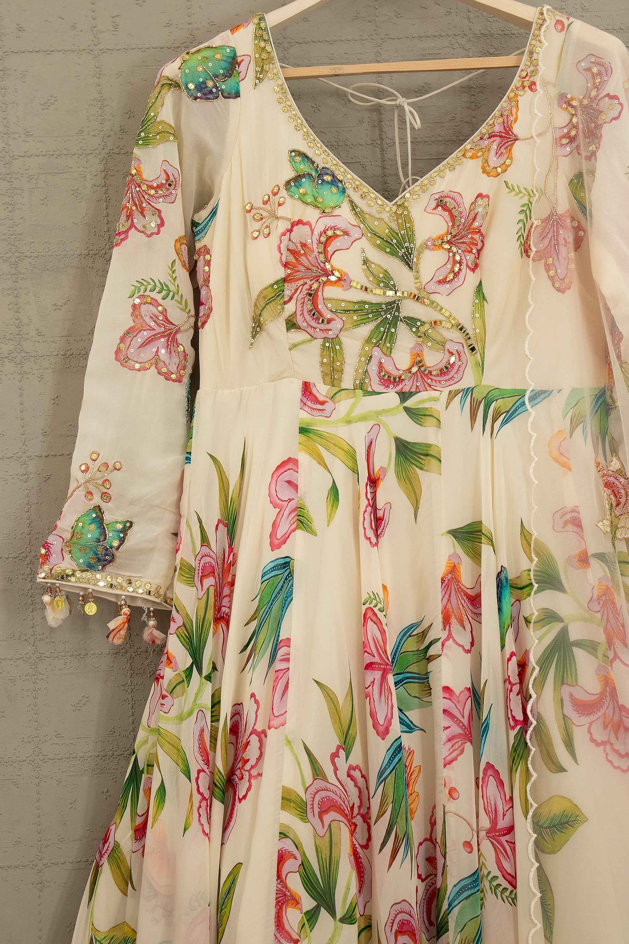 Ivory Floral Organza Anarkali Gown