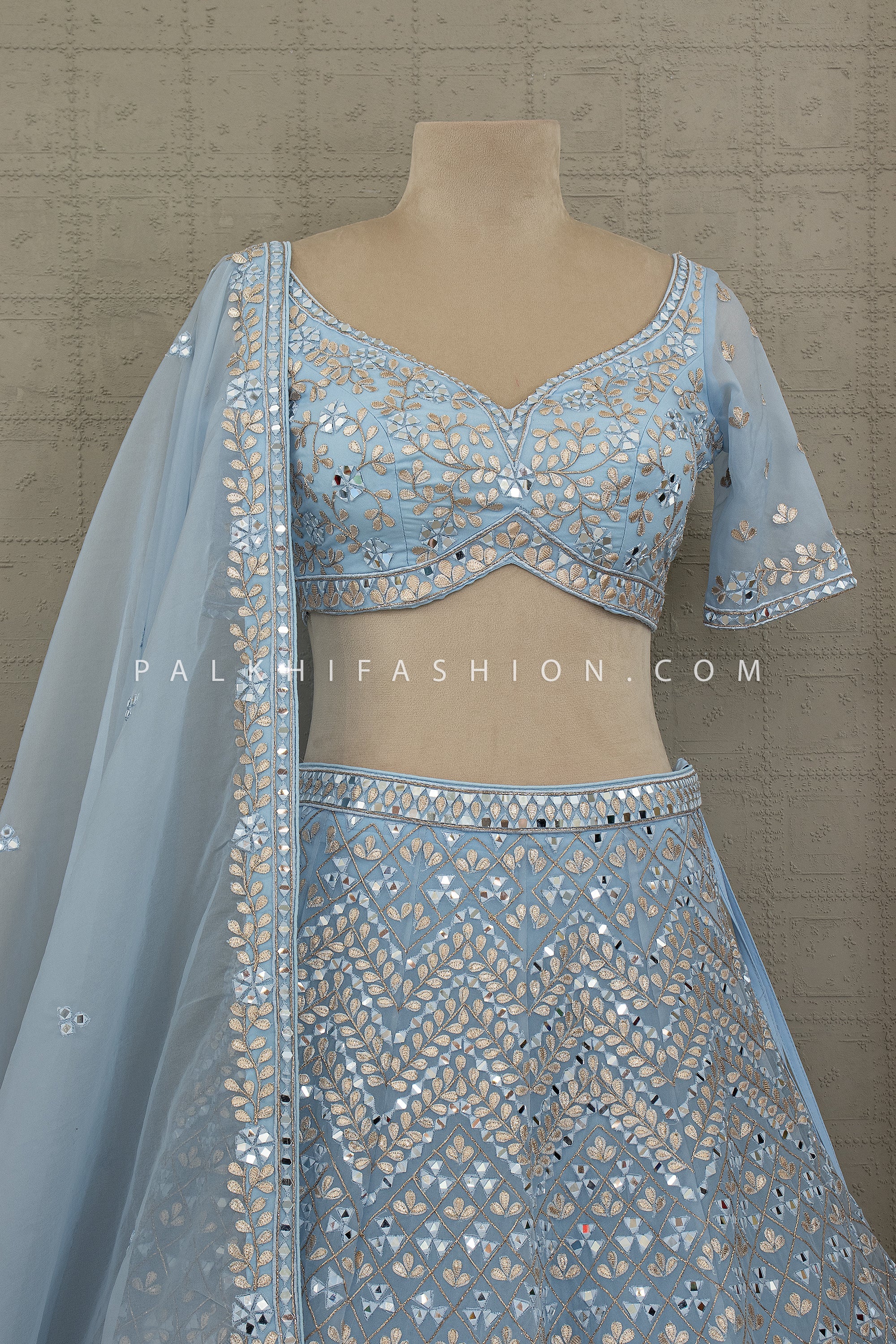 Celestial Powder Blue - Heavy Mirror Work Soft Silk Lehenga Choli - Palkhi Fashion USA