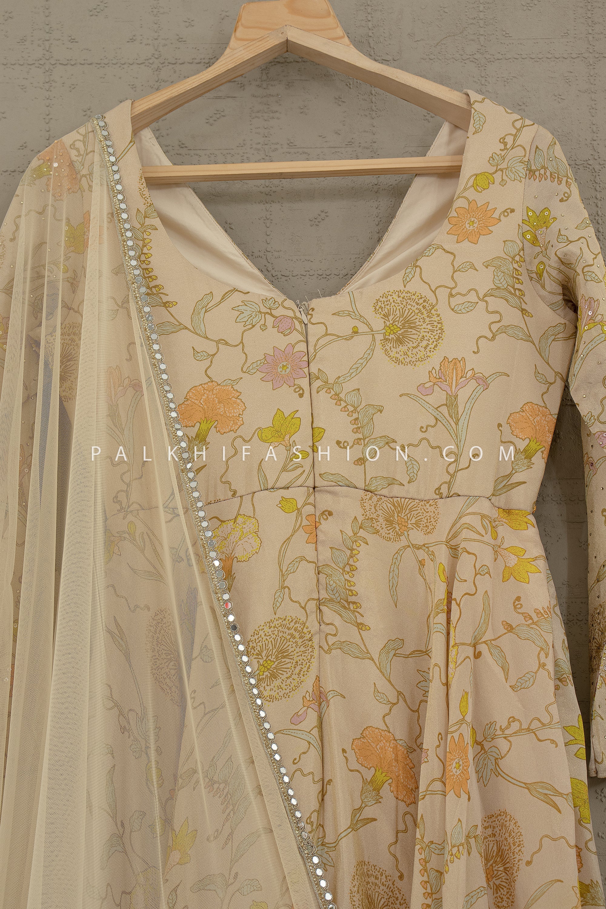 Champagne Anarkali Gown with Floral & Handwork Detailing – Palkhi Fashion Houston