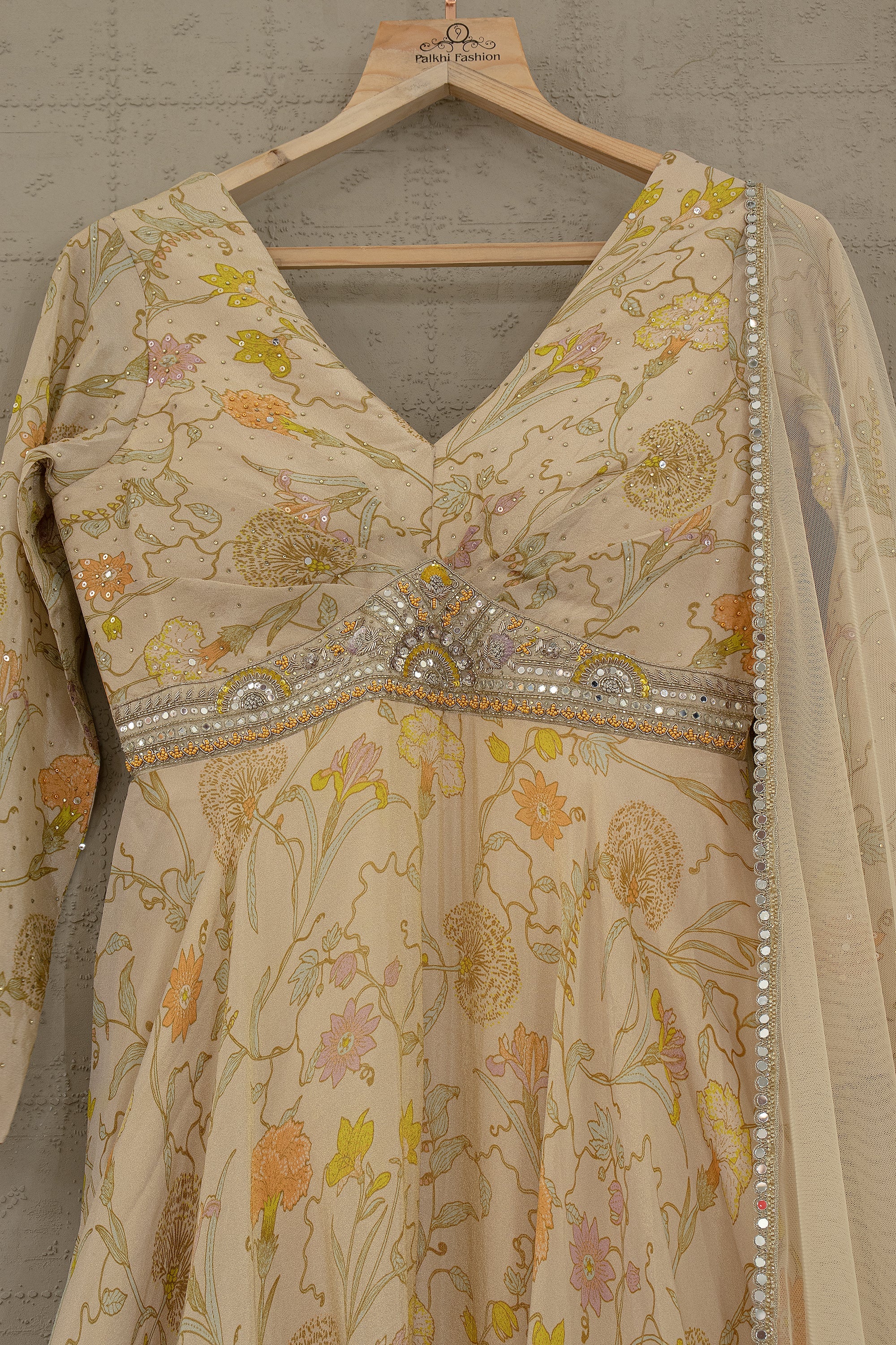 Champagne Anarkali Gown with Floral & Handwork Detailing – Palkhi Fashion Houston