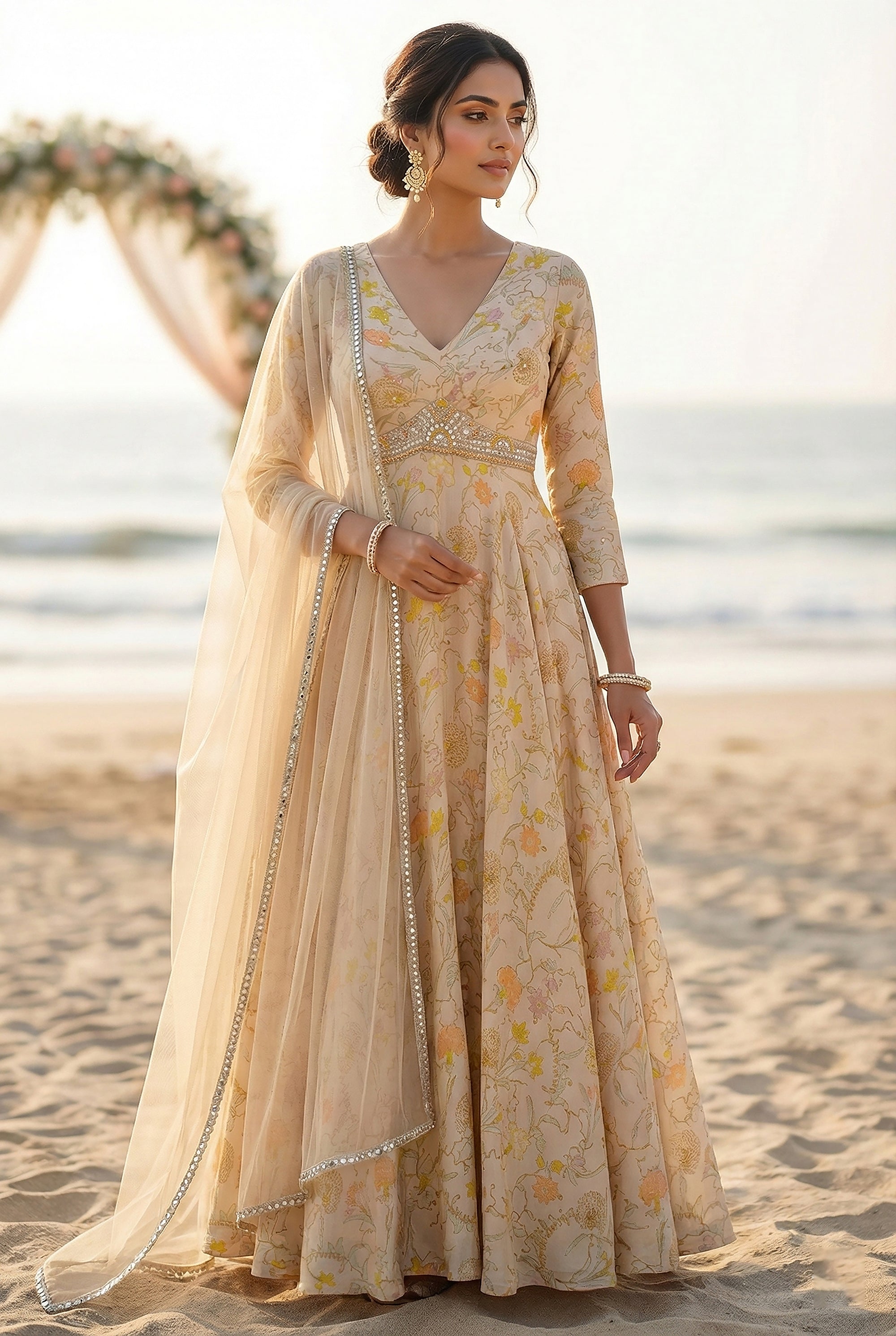Champagne Anarkali Gown with Floral & Handwork Detailing – Palkhi Fashion Houston