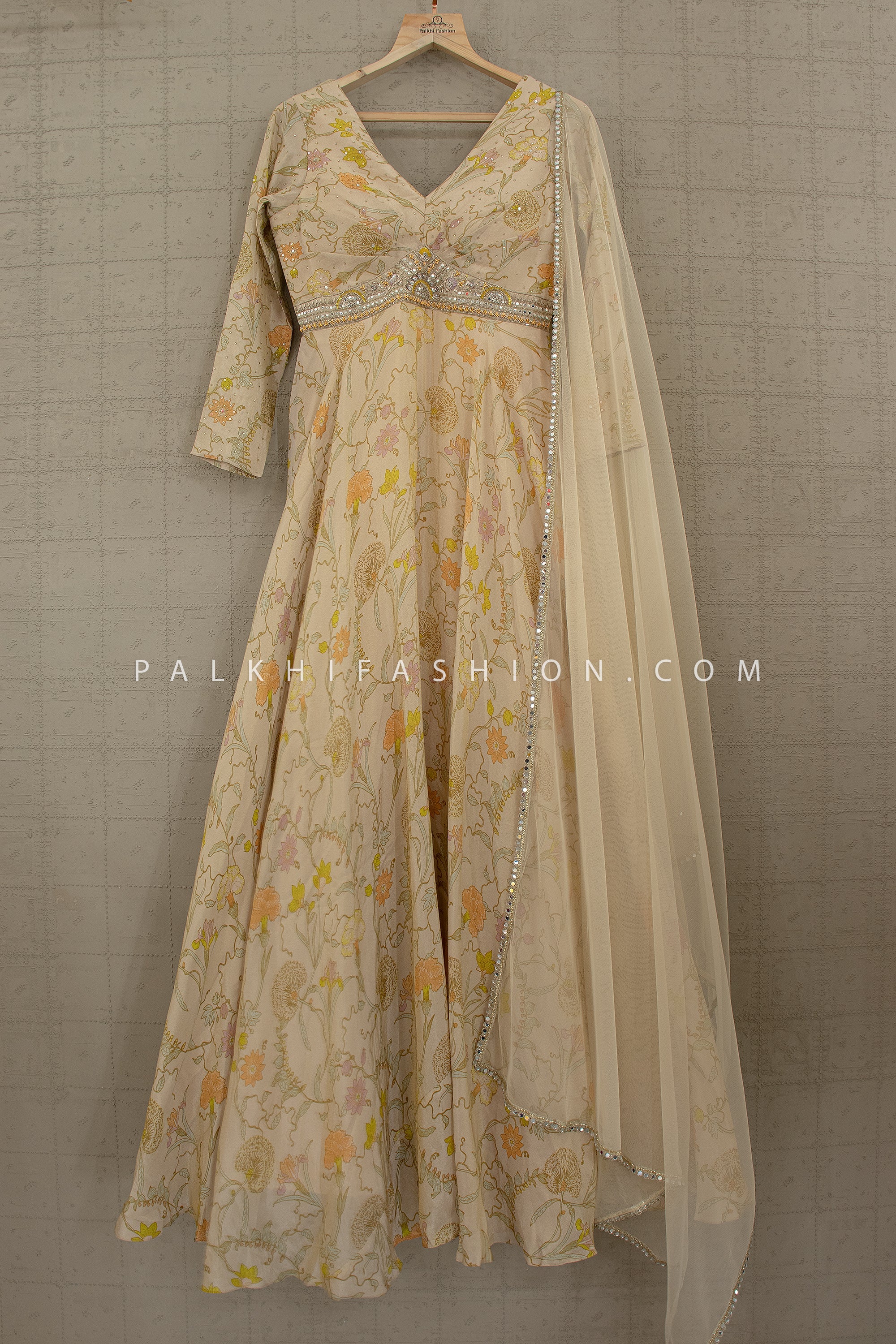 Champagne Anarkali Gown with Floral & Handwork Detailing – Palkhi Fashion Houston