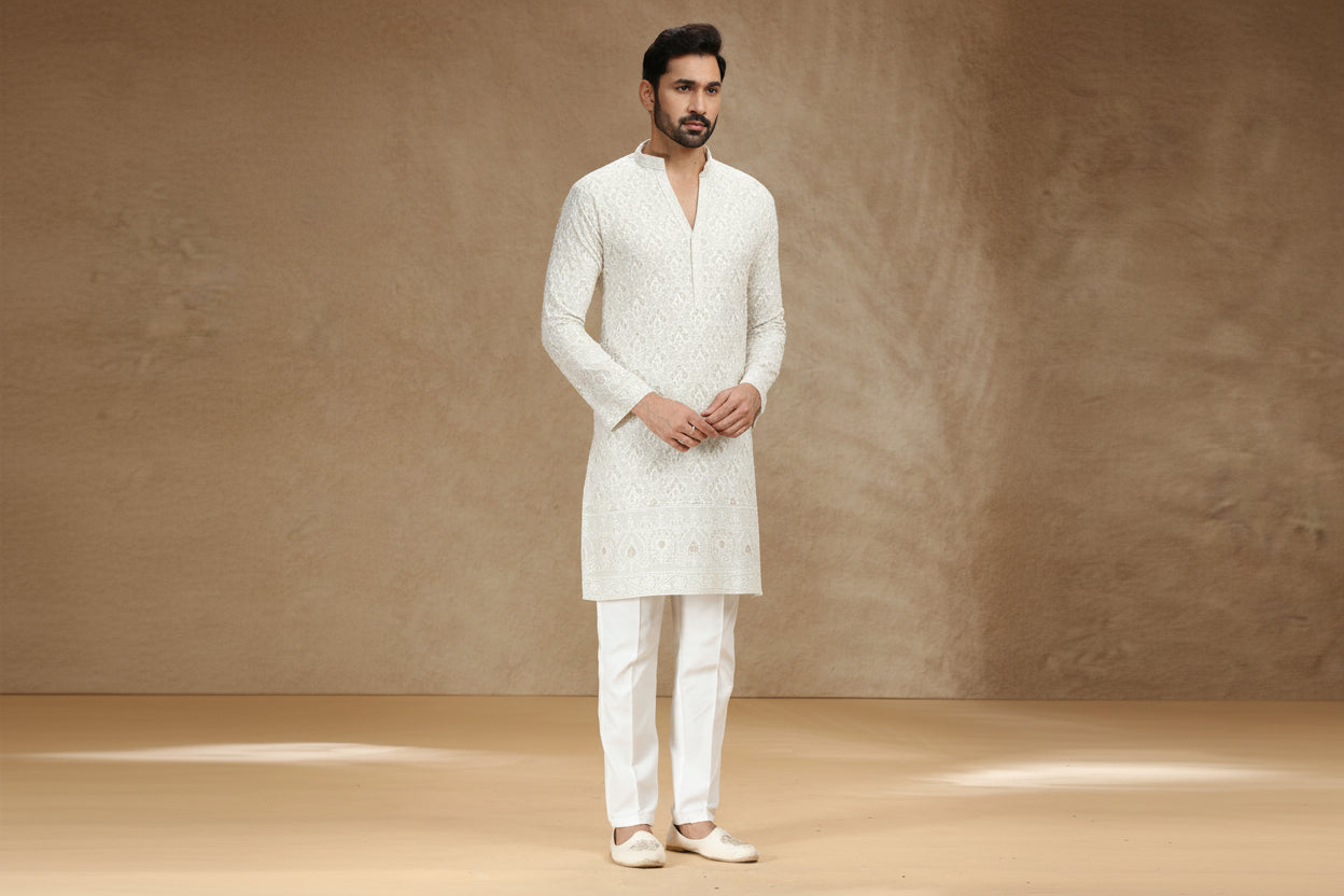 ✨ Champagne Class: Designer Men’s Georgette Kurta Pajama with Embroidery & Stone Work – Palkhi Fashion