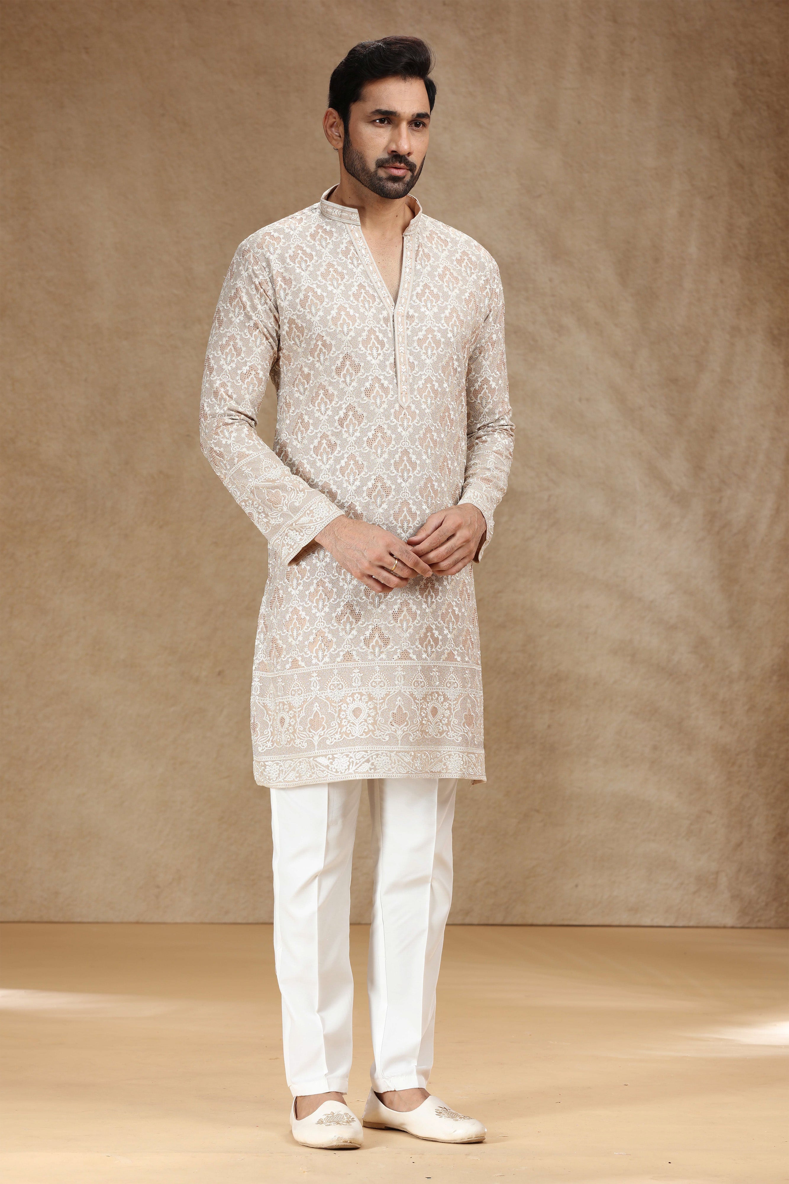 ✨ Champagne Class: Designer Men’s Georgette Kurta Pajama with Embroidery & Stone Work – Palkhi Fashion