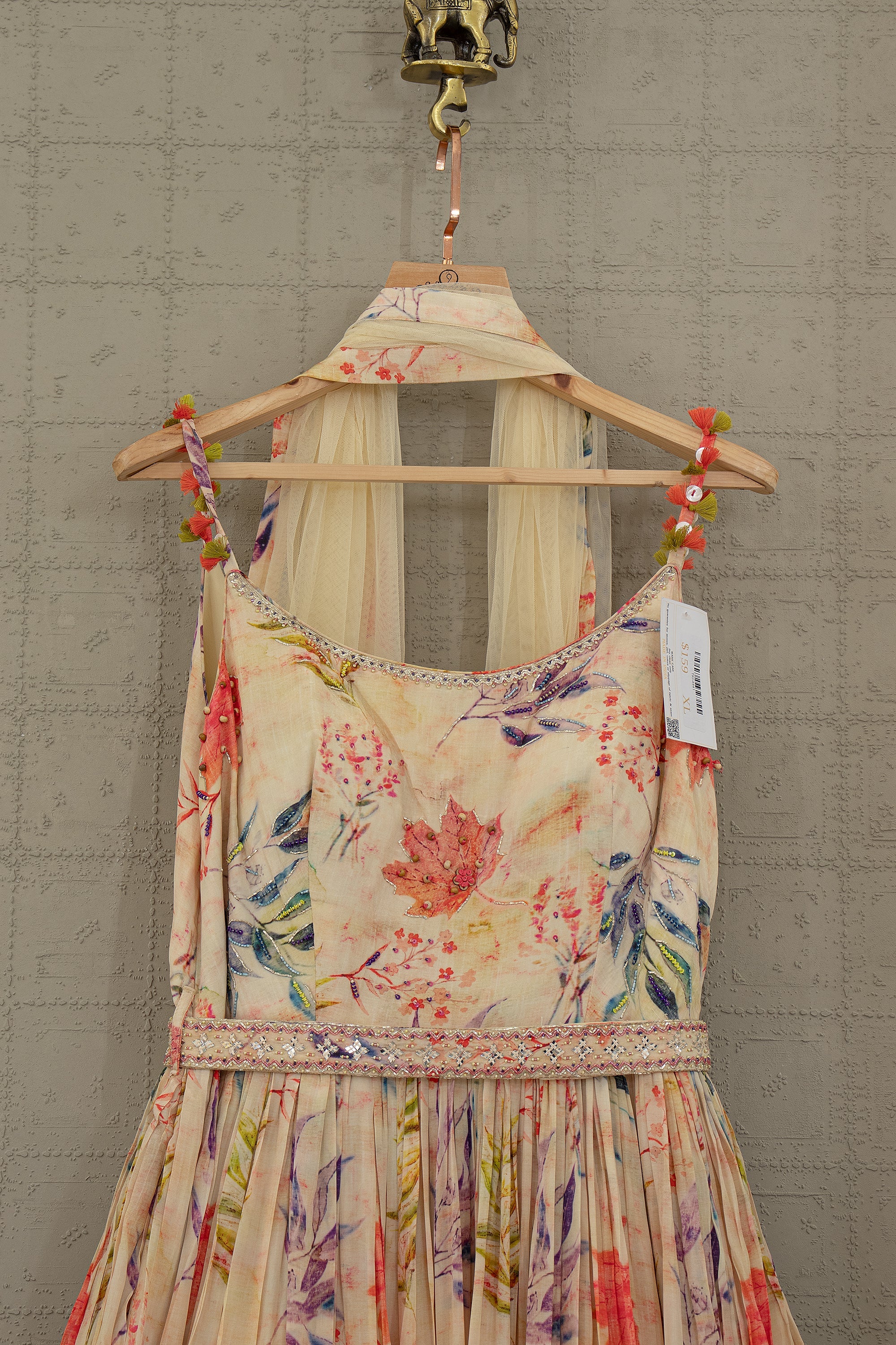 Champagne Floral Gown with Stone, Mirror & Bead Handwork | Palkhi Fashion