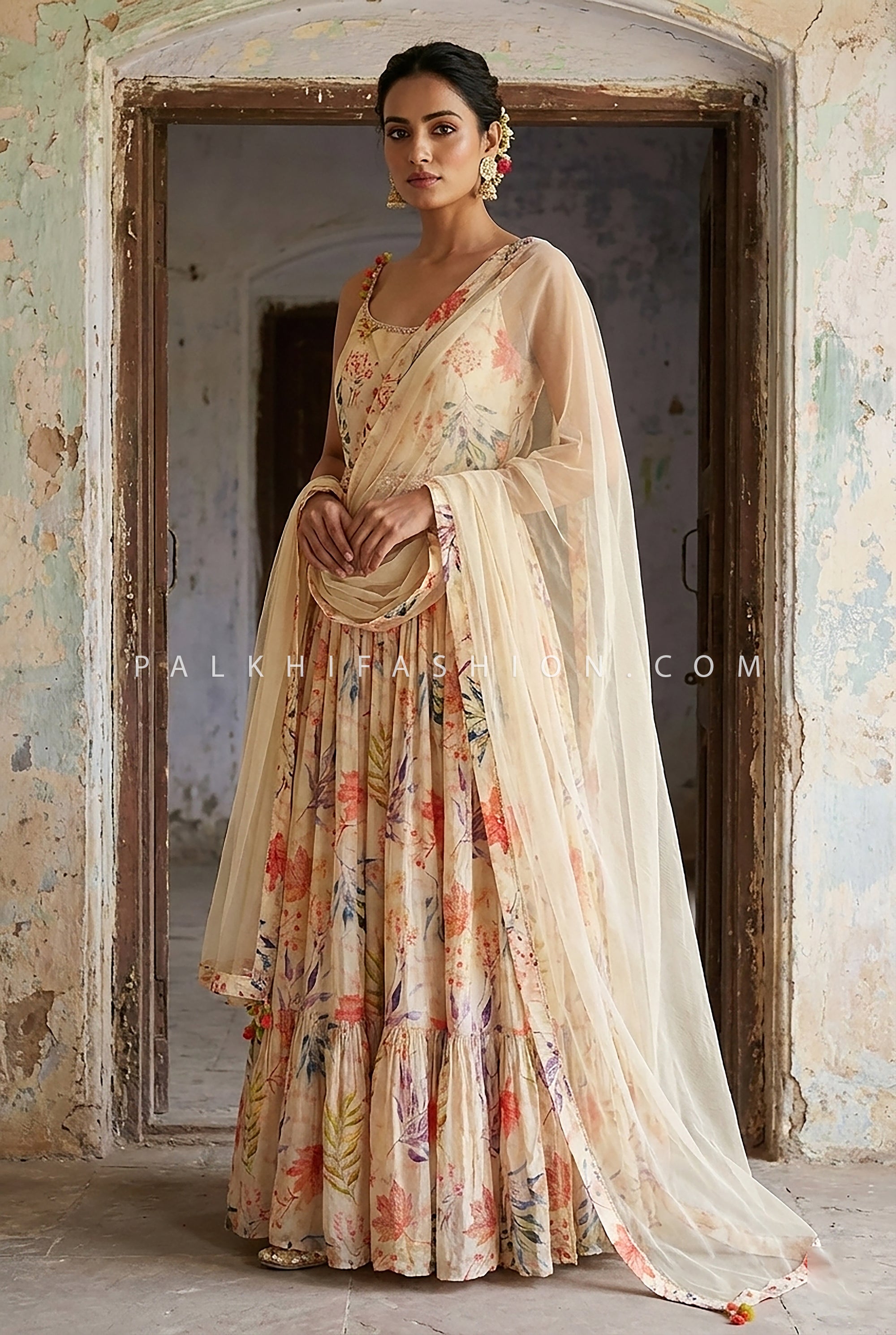 Champagne Floral Gown with Stone, Mirror & Bead Handwork | Palkhi Fashion