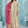Champagne Front Slit Palazzo Suit with Rani Pink Leheriya Silk Dupatta – Palkhi Fashion
