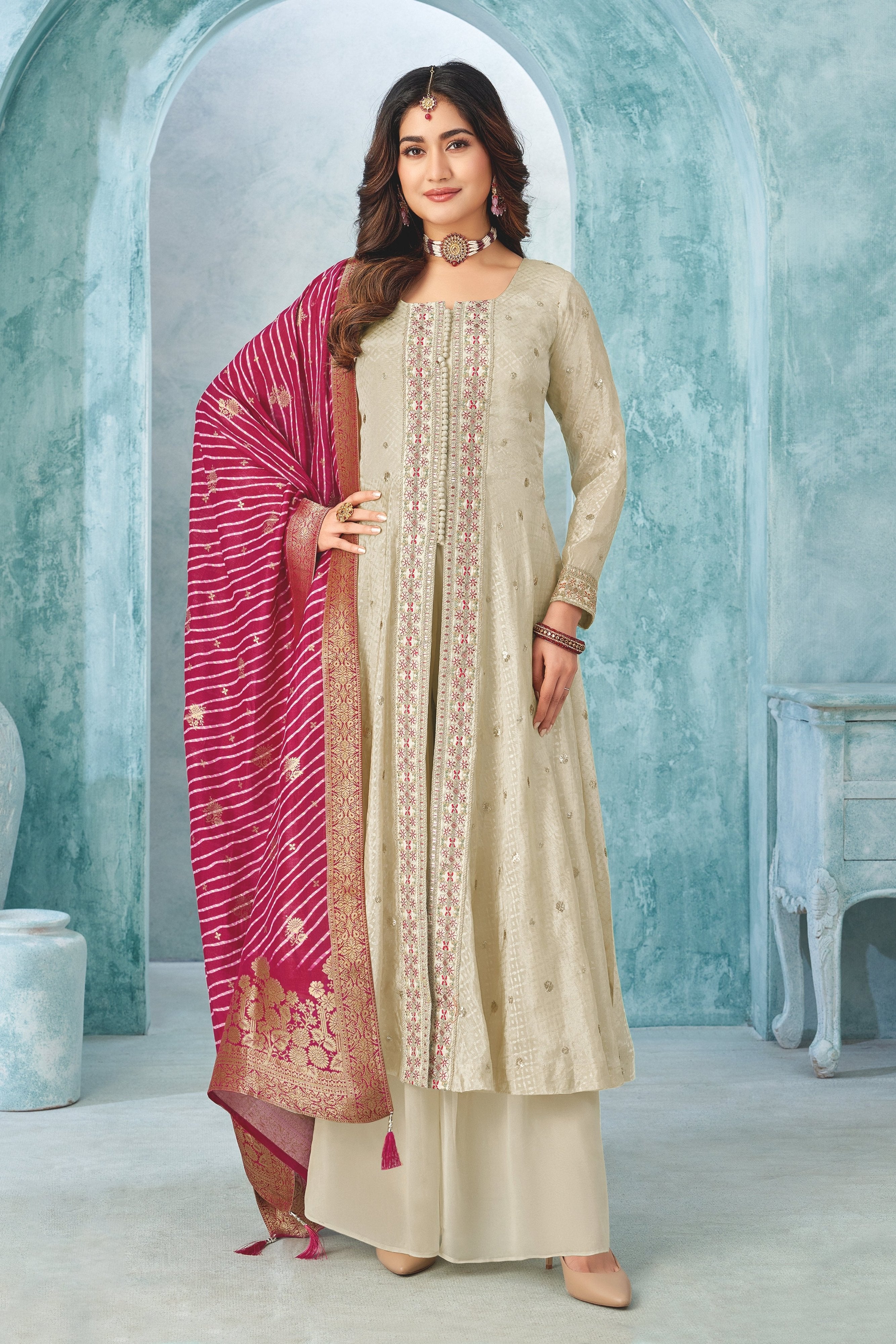Champagne Front Slit Palazzo Suit with Rani Pink Leheriya Silk Dupatta – Palkhi Fashion