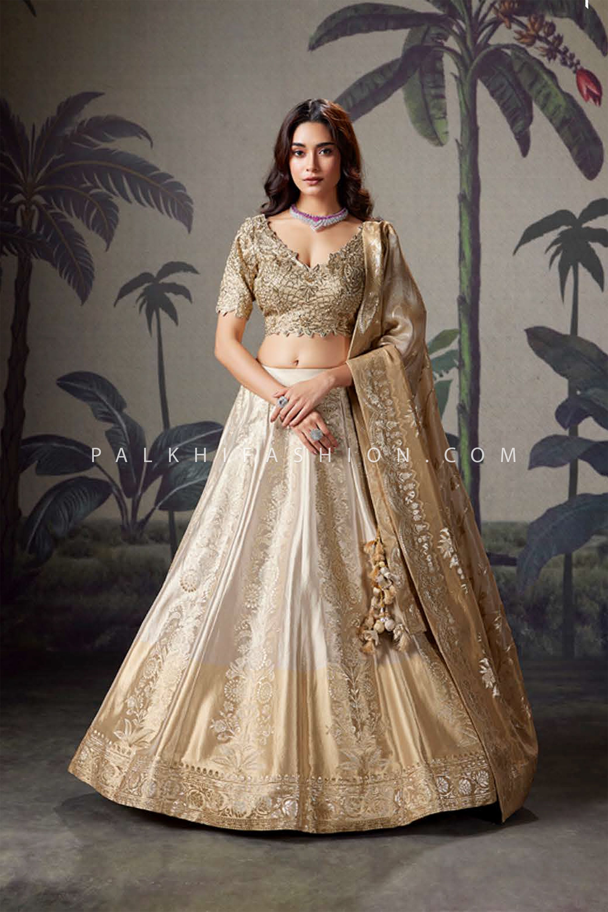 Champagne Gold Designer Lehenga Choli with Pure Silk Embroidery & Handwork