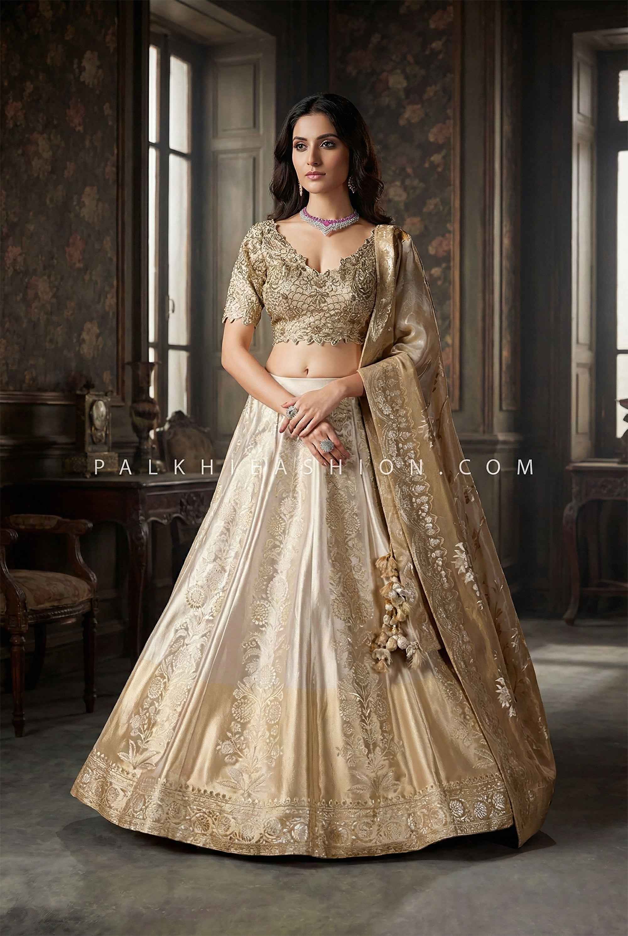 Champagne Gold Designer Lehenga Choli with Pure Silk Embroidery & Handwork