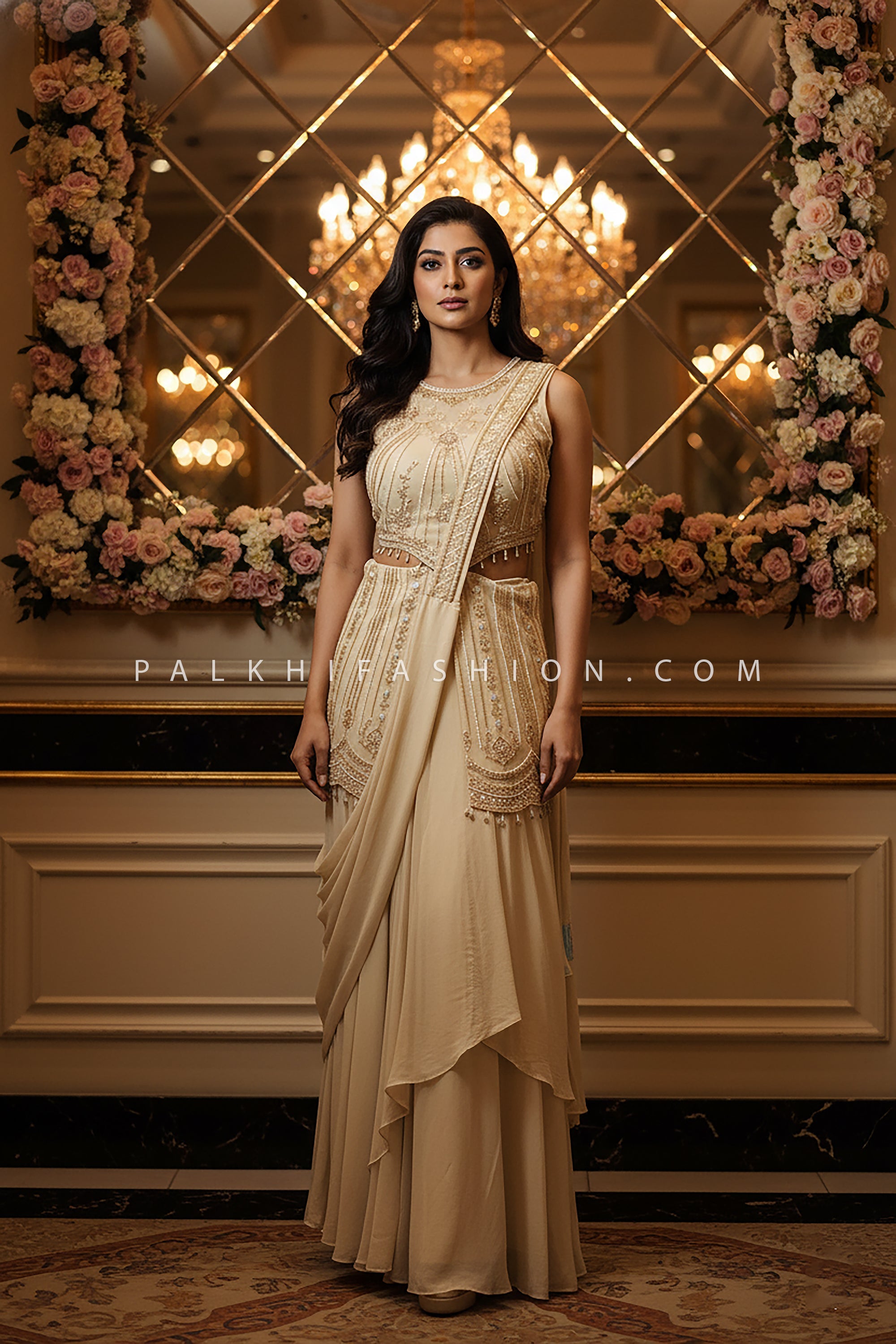 Champagne Indo - Western Drape Tulip Skirt with Hand Embroidery – Palkhi Fashion