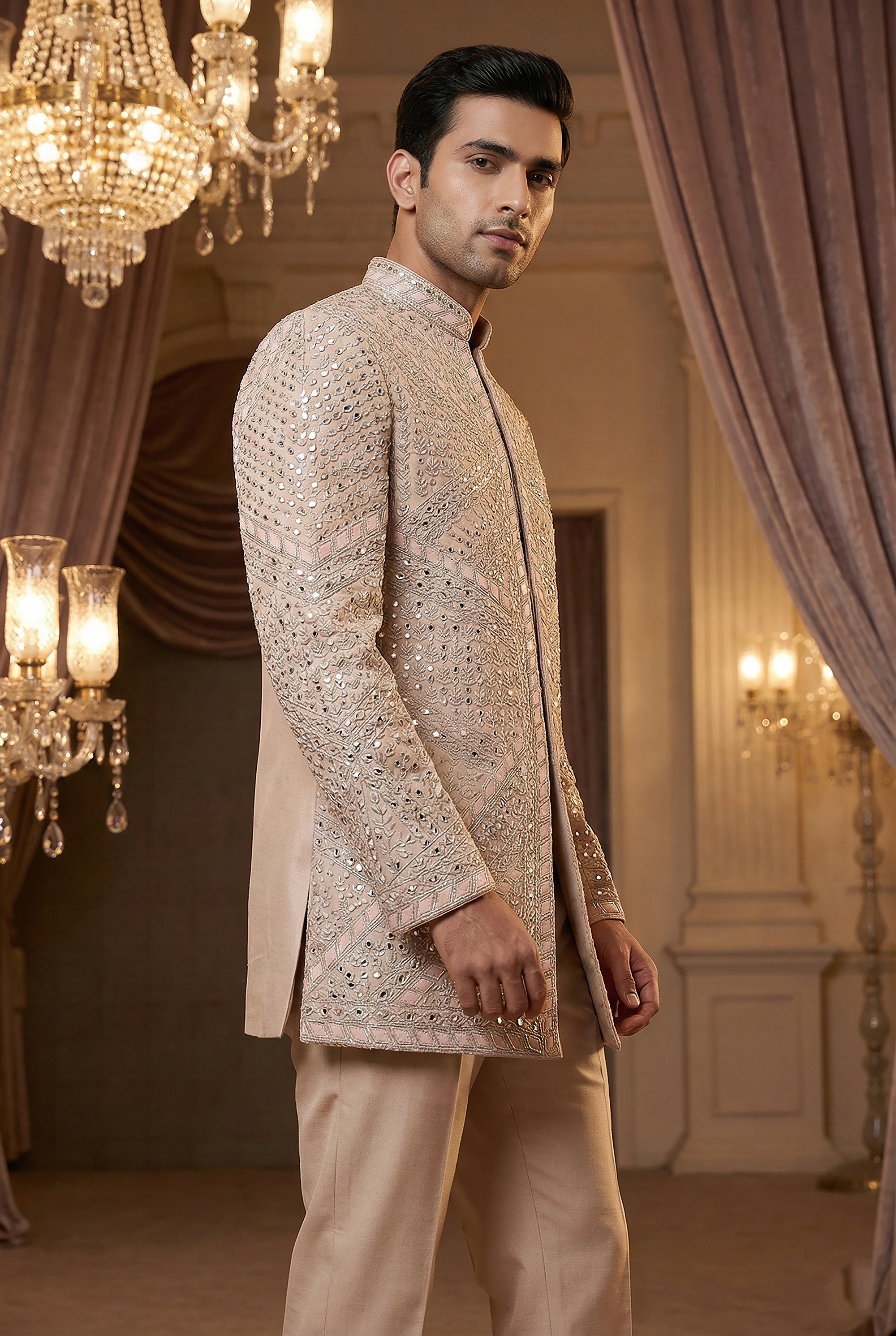 Champagne Mirage: Designer Mirror - Work Indo - Western with Blush Appliqué – Palkhi Fashion Houston