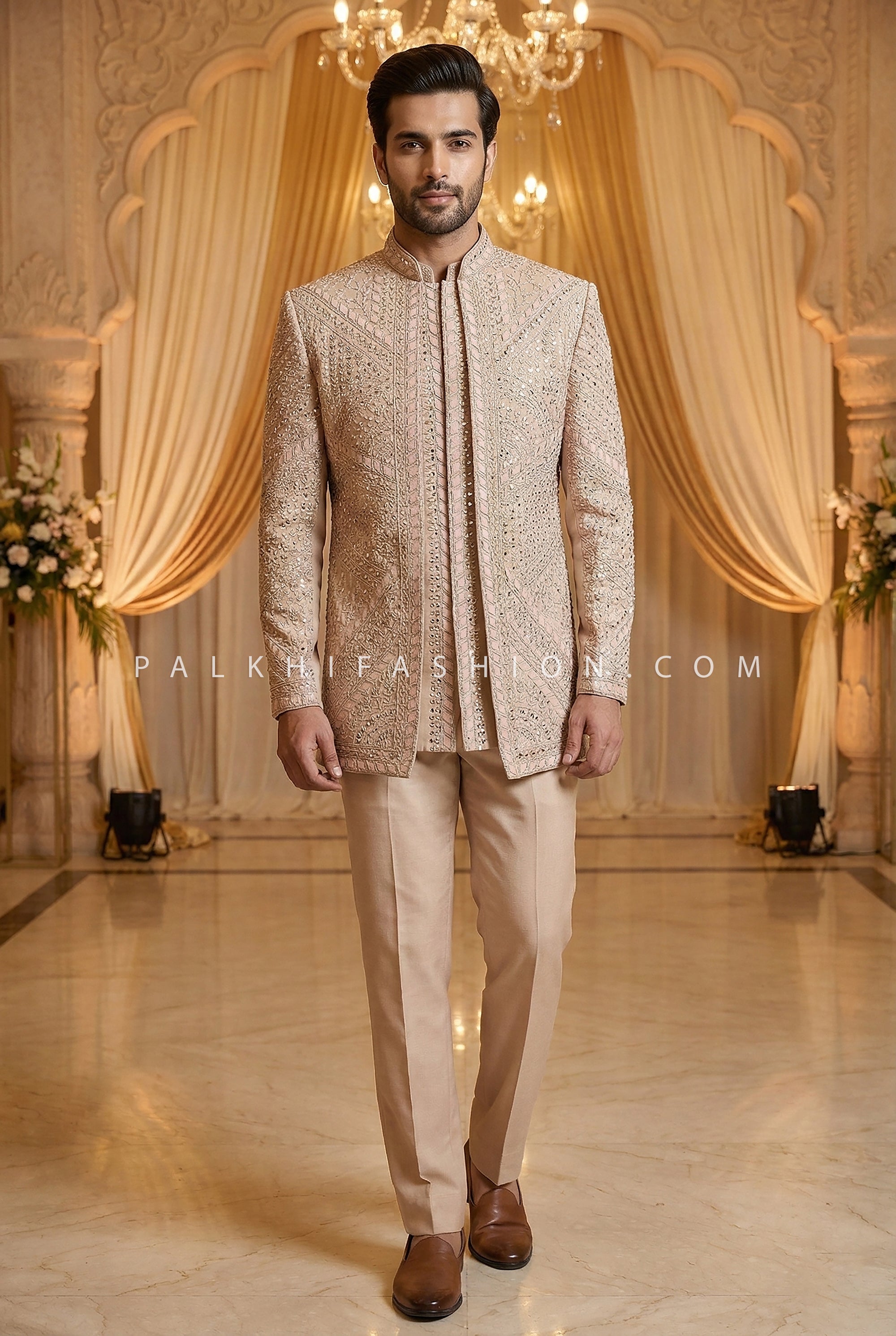 Champagne Mirage: Designer Mirror - Work Indo - Western with Blush Appliqué – Palkhi Fashion Houston