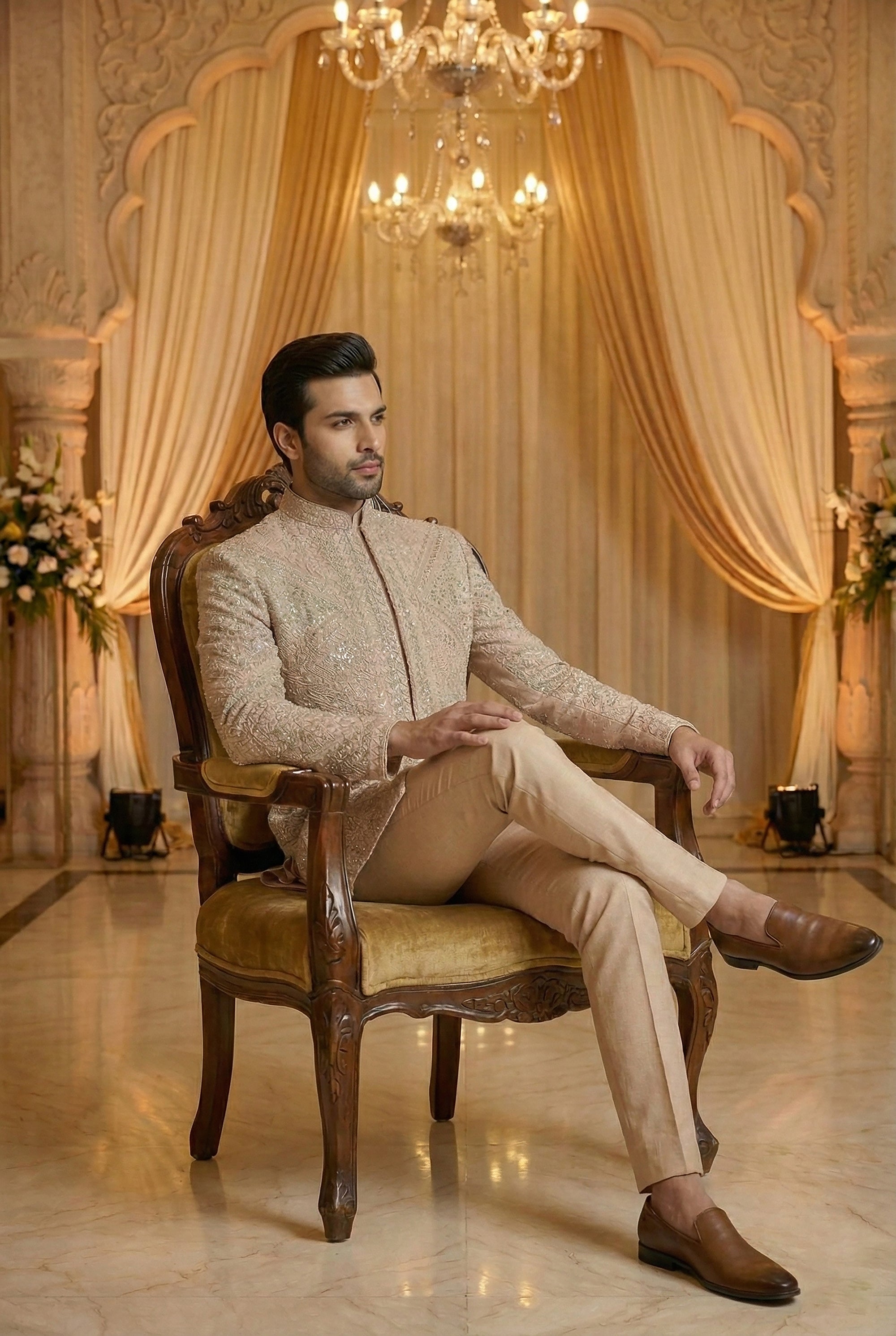 Champagne Mirage: Designer Mirror - Work Indo - Western with Blush Appliqué – Palkhi Fashion Houston