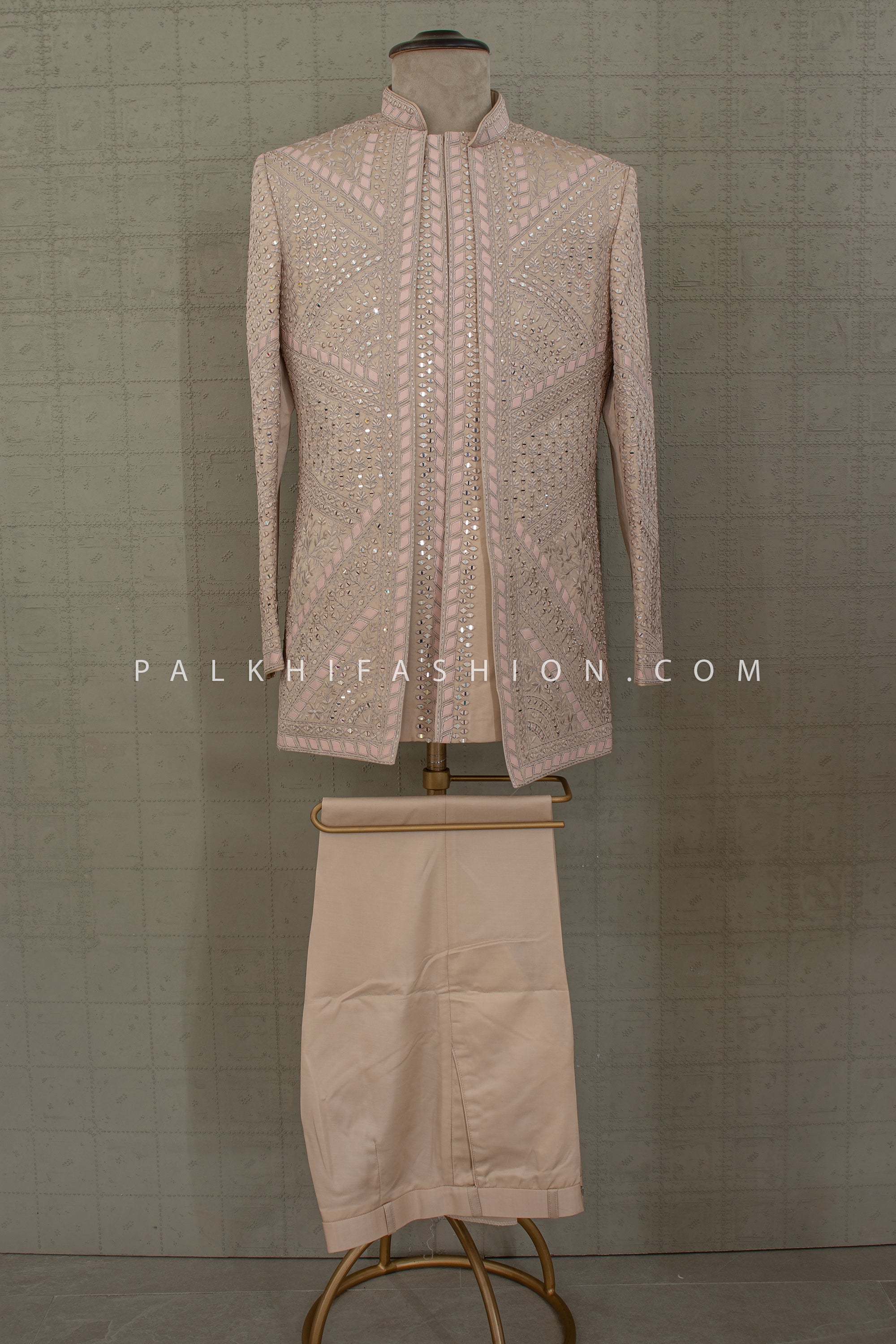 Champagne Mirage: Designer Mirror - Work Indo - Western with Blush Appliqué – Palkhi Fashion Houston