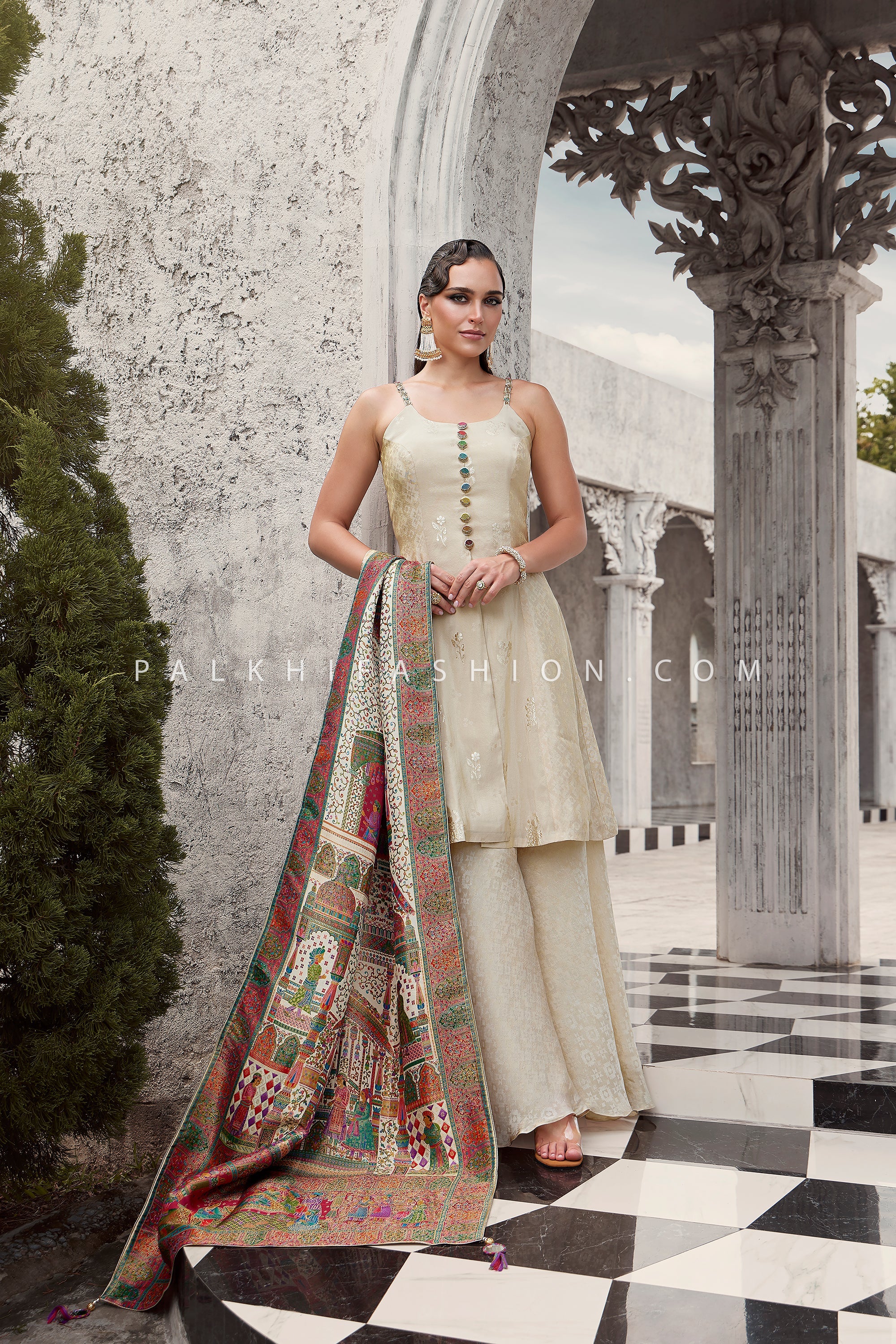 Champagne Mughal Majesty – Soft Silk Palazzo Set with Heritage Silk Dupatta | Palkhi Fashion