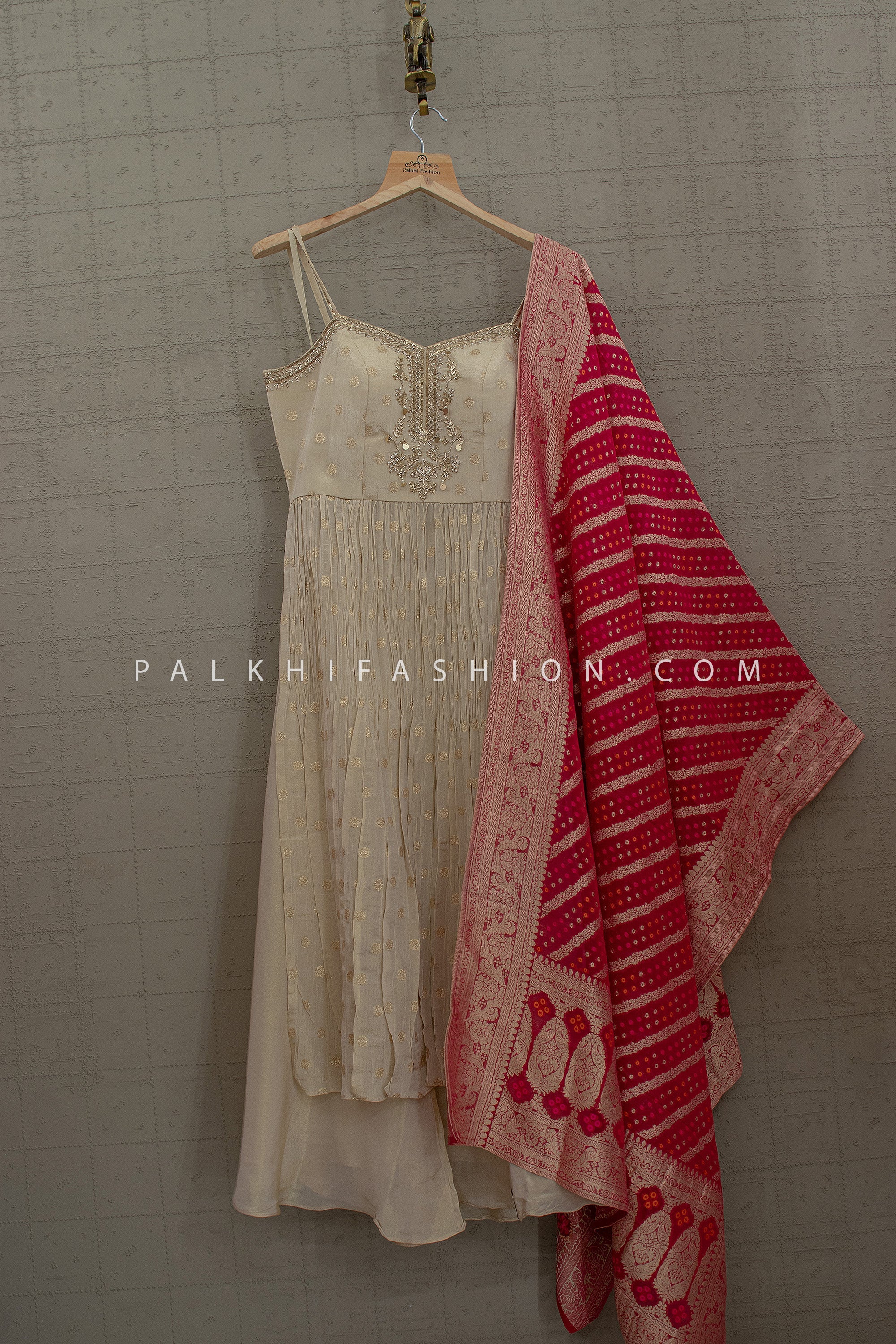 Champagne Naira Cut Palazzo Set with Rani Pink Banarasi Dupatta – Palkhi Fashion