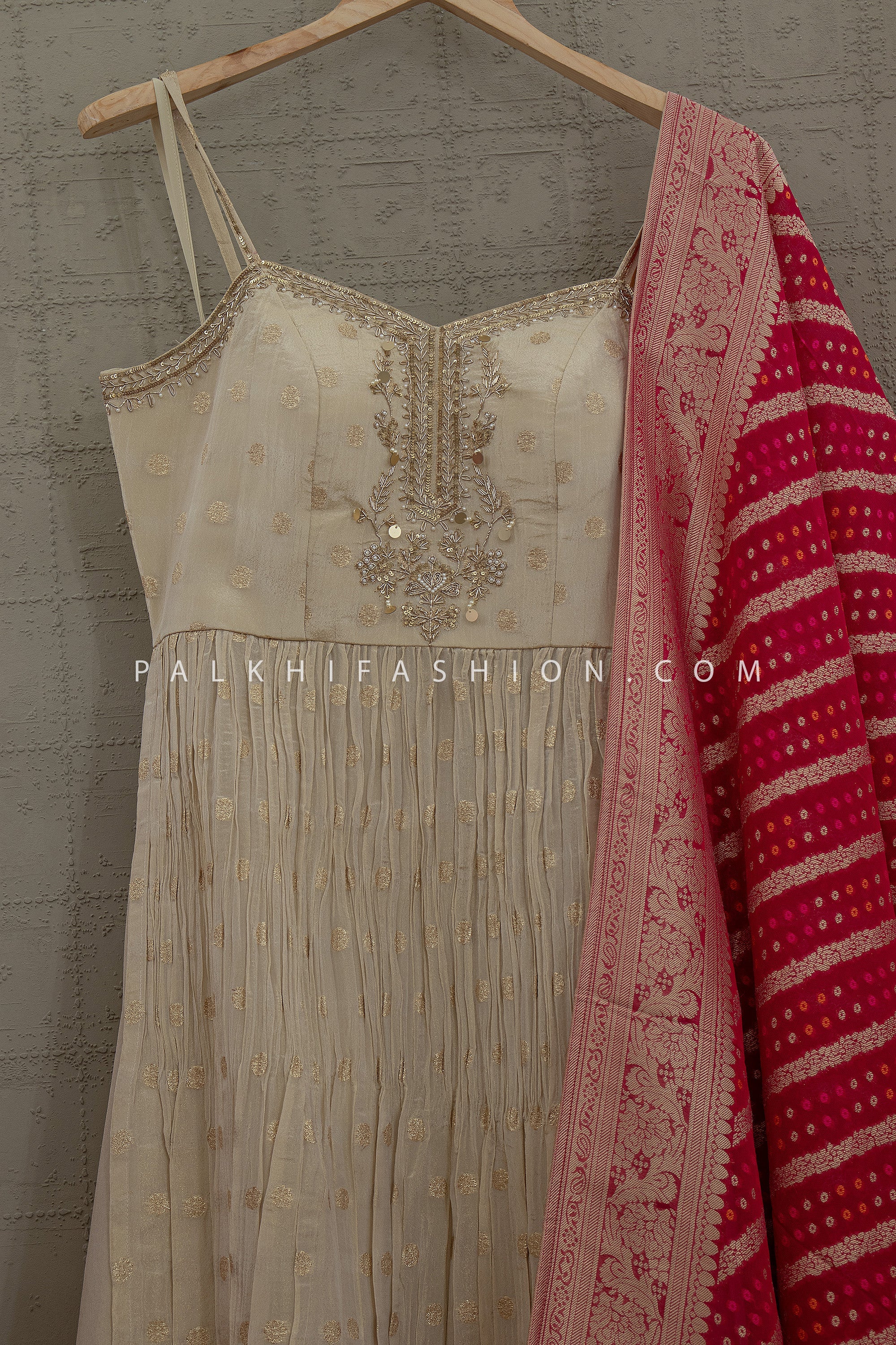 Champagne Naira Cut Palazzo Set with Rani Pink Banarasi Dupatta – Palkhi Fashion