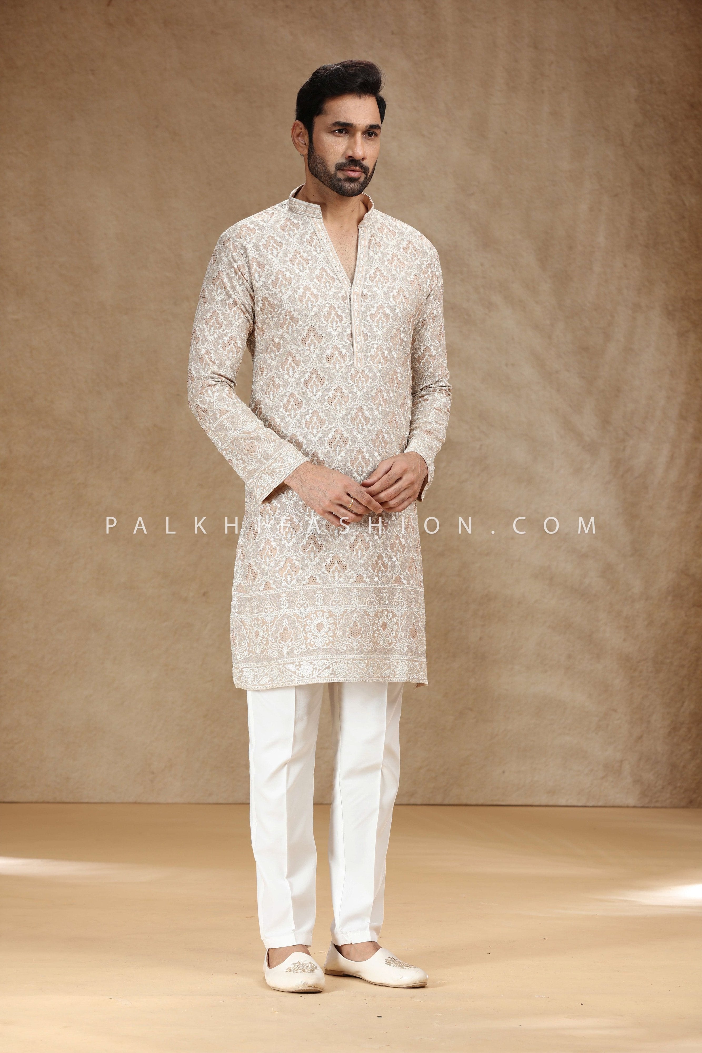 Champagne Royal: Georgette V - Neck Kurta Pajama with Thread & Rhinestone Embroidery – Palkhi Fashion