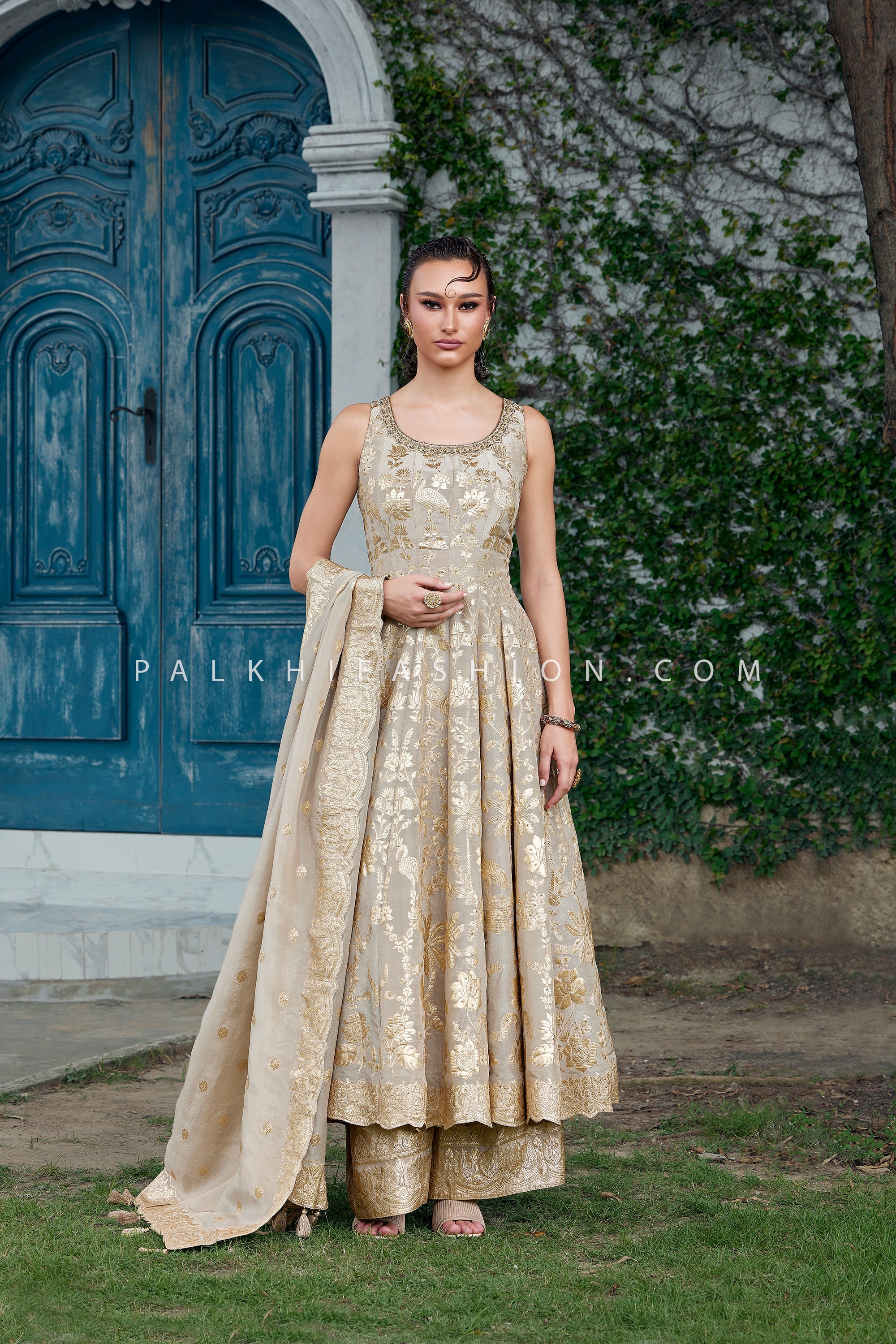 Champagne Royale: Pure Silk Anarkali Palazzo Set with Hand Embroidery – Palkhi Fashion
