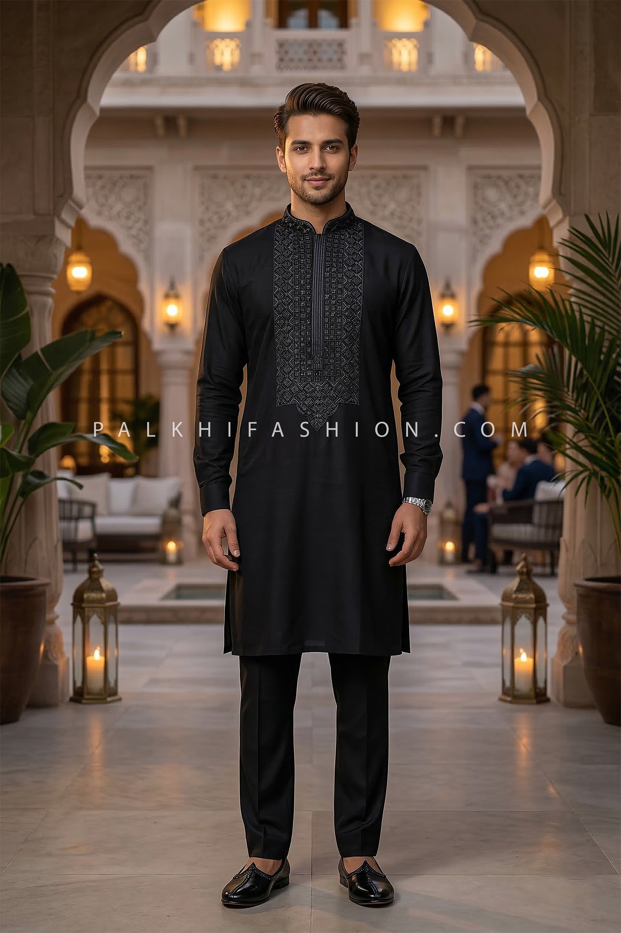 Classic Celebration Attire – Black Hand - Embroidered Kurta Set – Palkhi Fashion