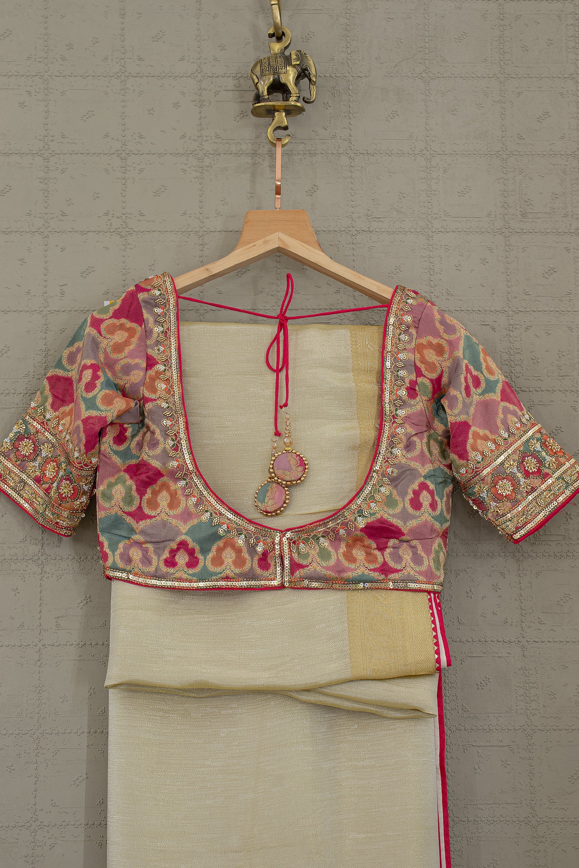 Classic Champagne Aura – Soft Silk Saree with Multicolor Banarasi Blouse & Cutdana Handwork – Palkhi Fashion USA