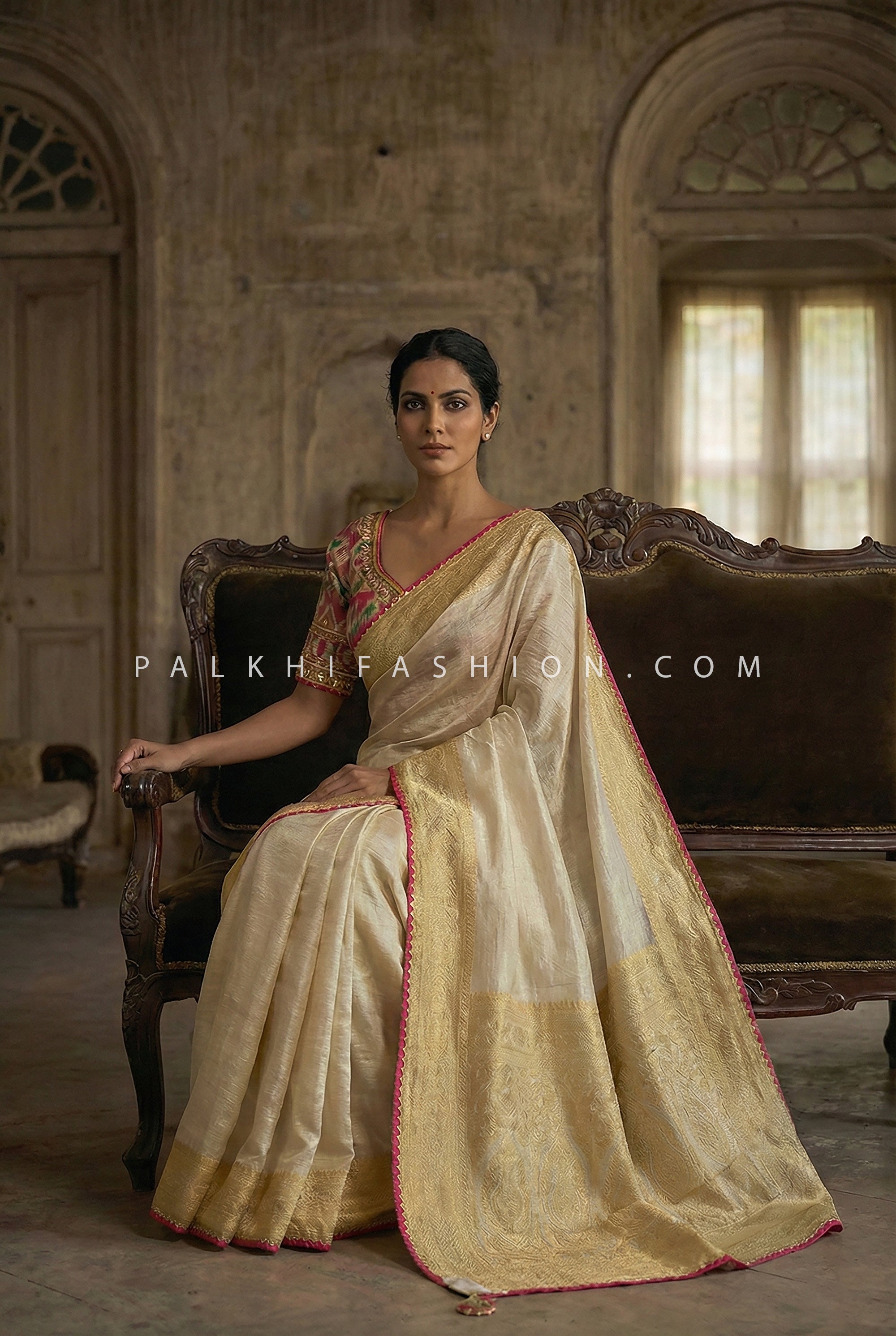 Classic Champagne Aura – Soft Silk Saree with Multicolor Banarasi Blouse & Cutdana Handwork – Palkhi Fashion USA