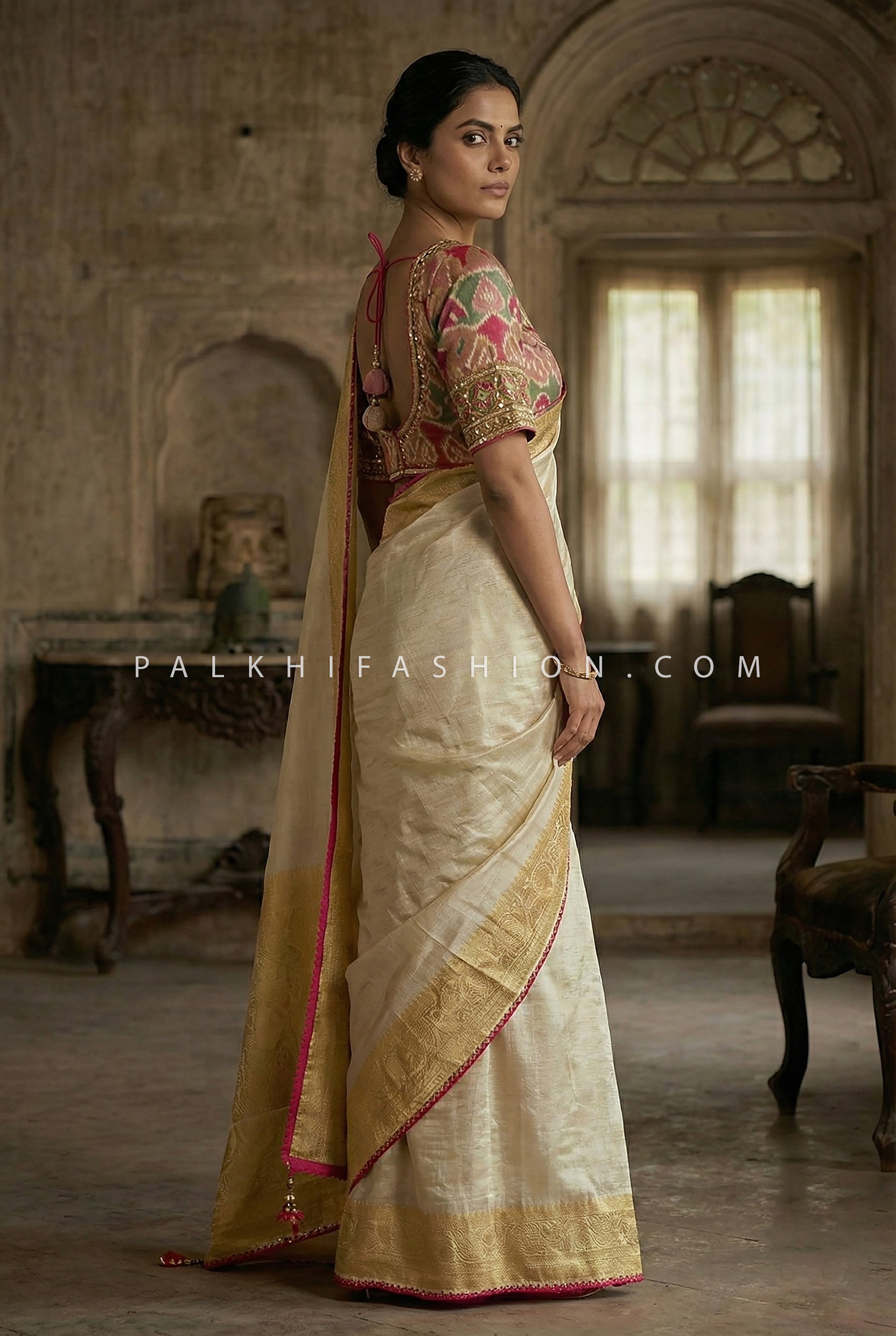 Classic Champagne Aura – Soft Silk Saree with Multicolor Banarasi Blouse & Cutdana Handwork – Palkhi Fashion USA