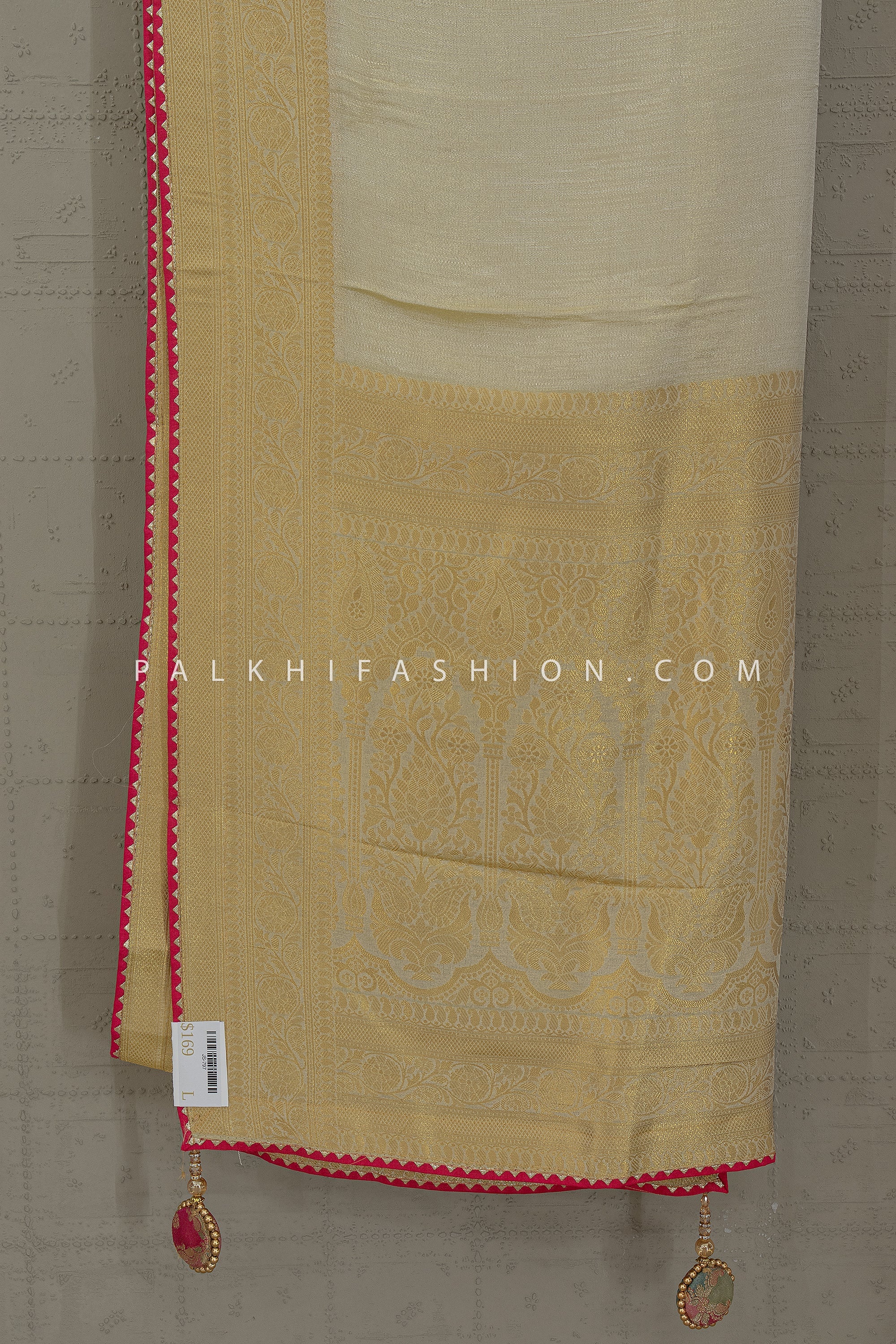 Classic Champagne Aura – Soft Silk Saree with Multicolor Banarasi Blouse & Cutdana Handwork – Palkhi Fashion USA