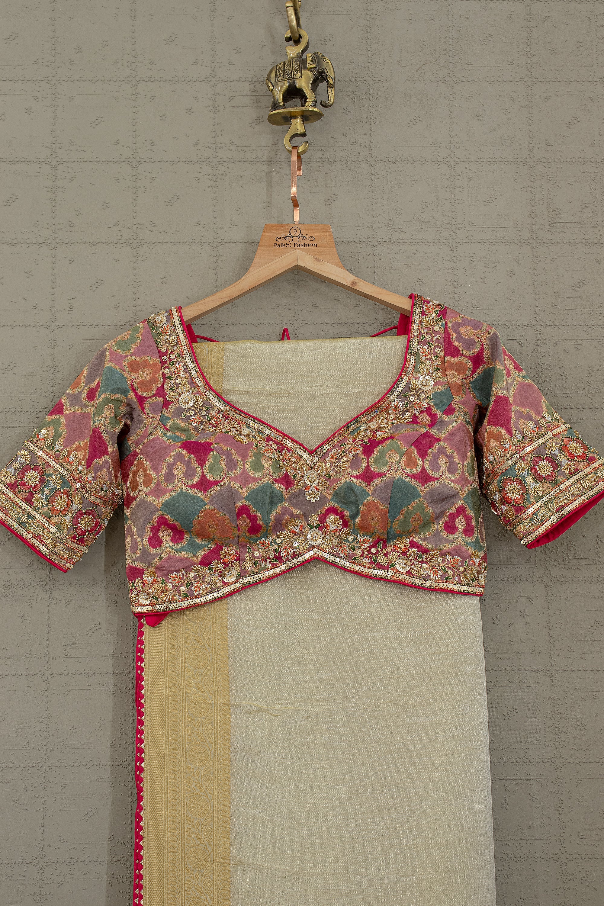 Classic Champagne Aura – Soft Silk Saree with Multicolor Banarasi Blouse & Cutdana Handwork – Palkhi Fashion USA