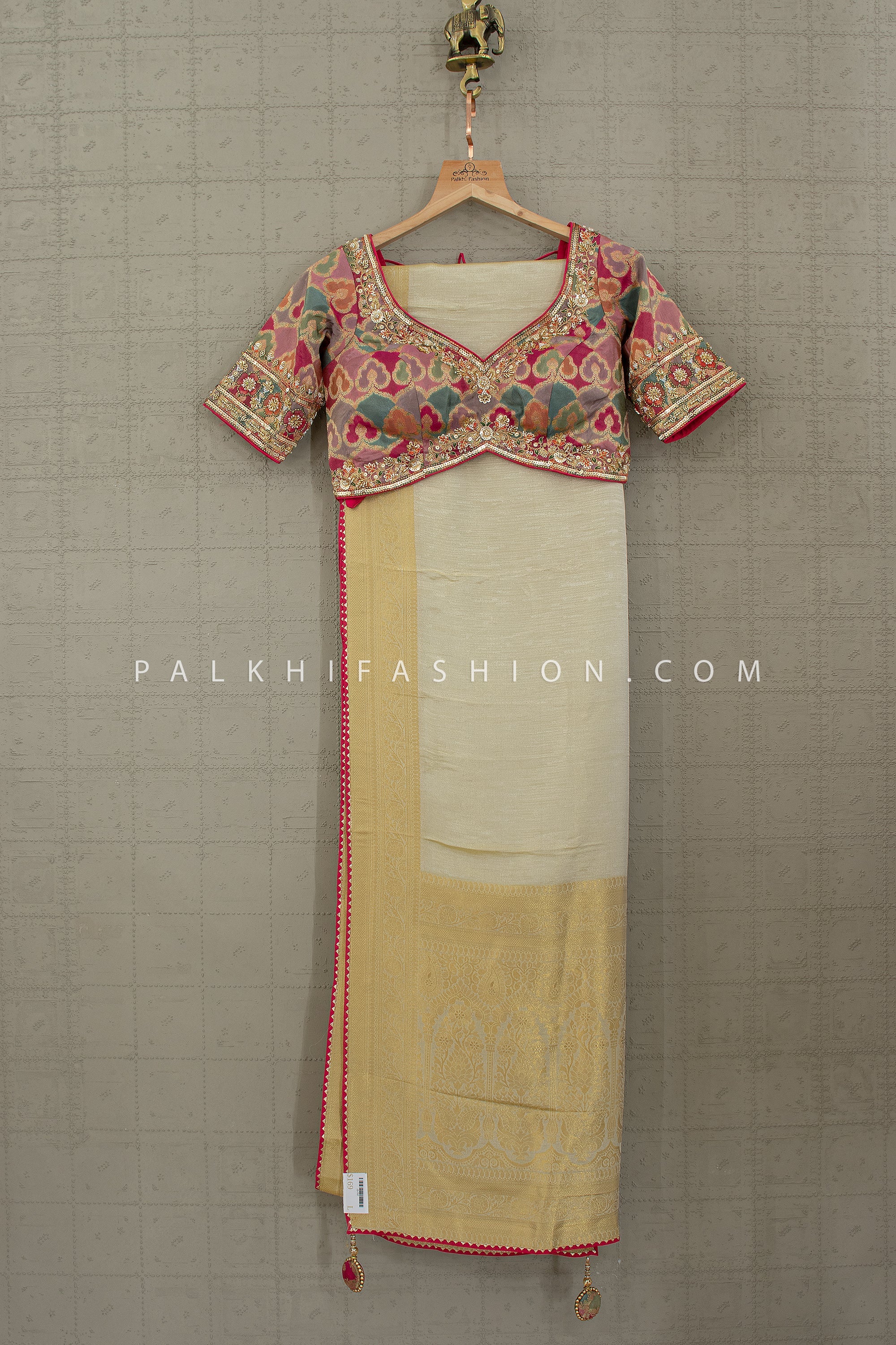 Classic Champagne Aura – Soft Silk Saree with Multicolor Banarasi Blouse & Cutdana Handwork – Palkhi Fashion USA