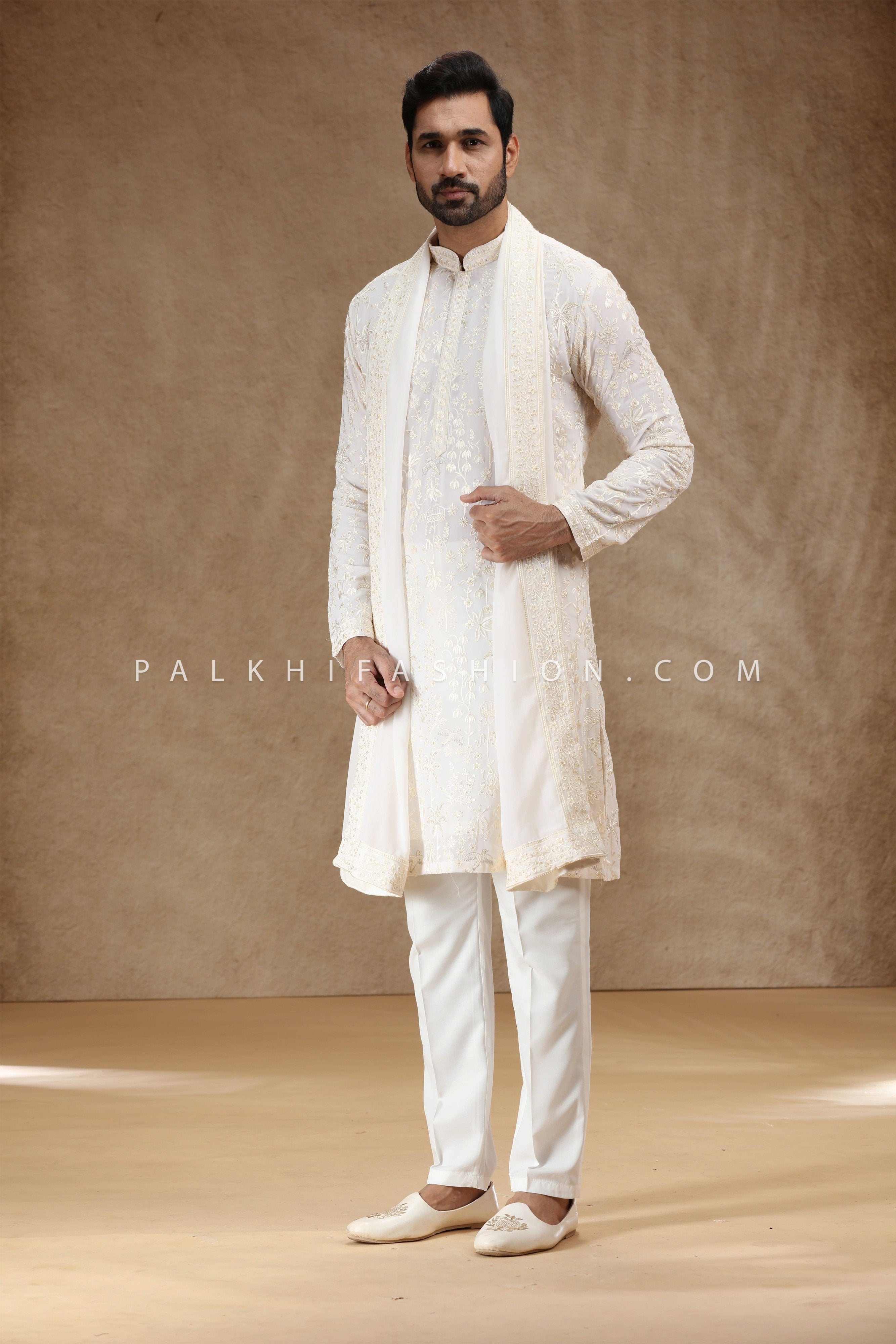 Classic Cream Men’s Kurta Set | All - Over Chikankari & Subtle Sequins – Palkhi Fashion